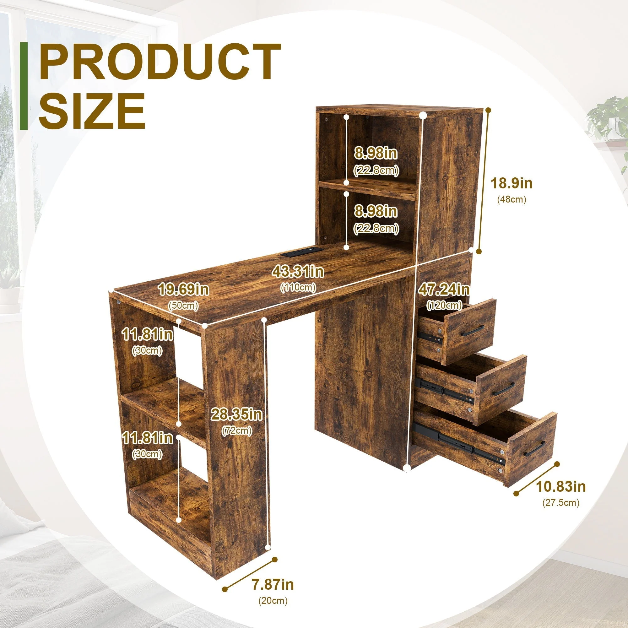Computer Desk With 4 In 1 Socket & 3 Drawers, 4 Tier Shelves - Image 10
