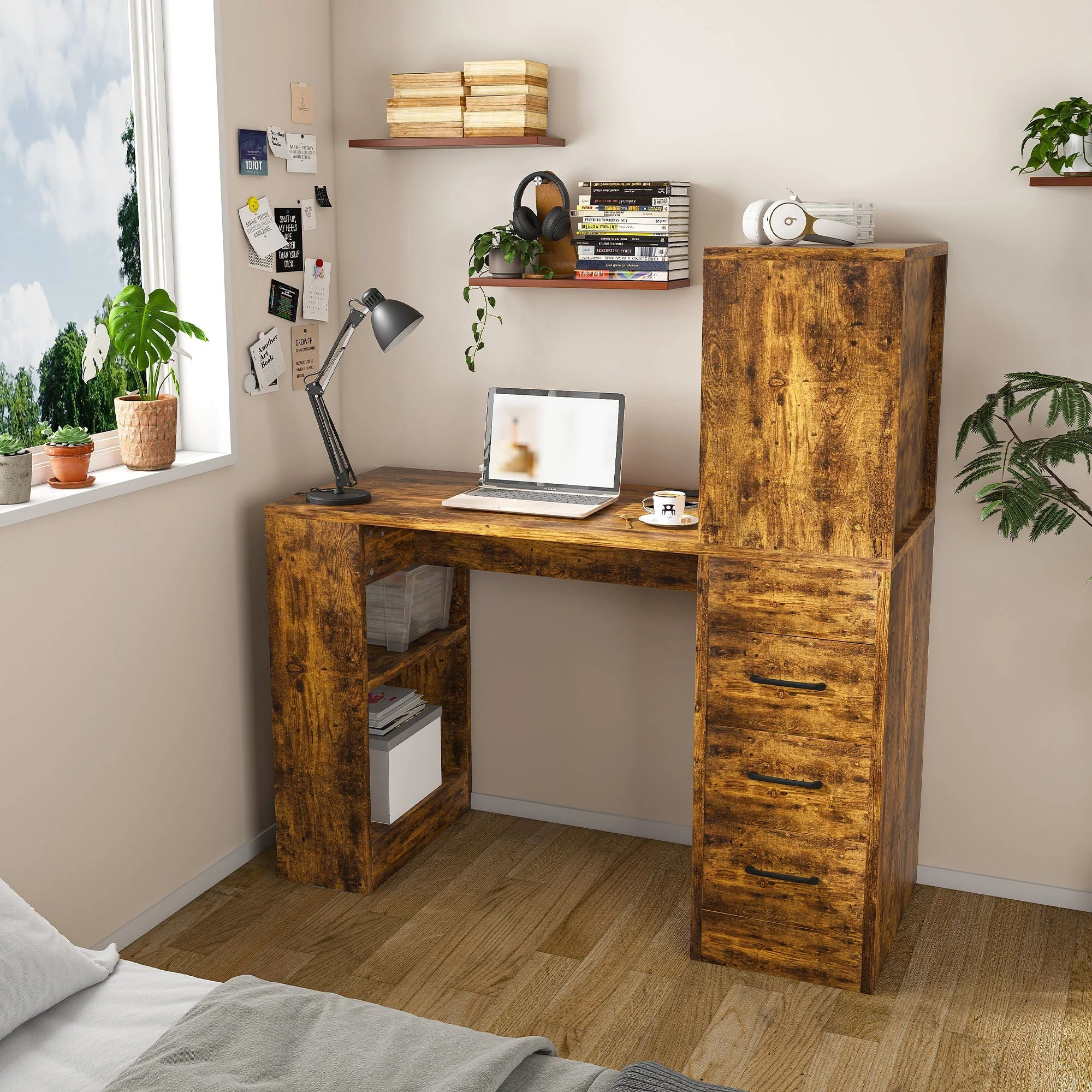 Computer Desk With 4 In 1 Socket & 3 Drawers, 4 Tier Shelves - Image 12
