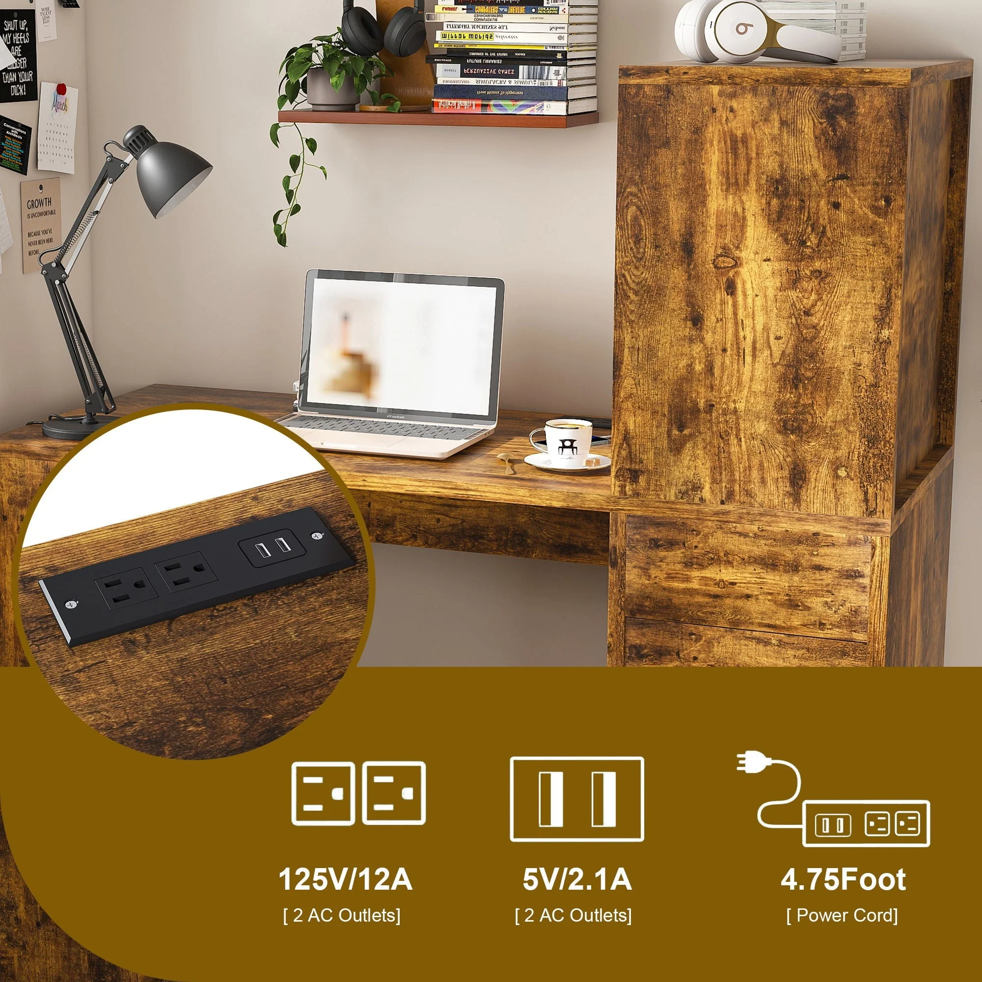 Computer Desk With 4 In 1 Socket & 3 Drawers, 4 Tier Shelves - Image 13