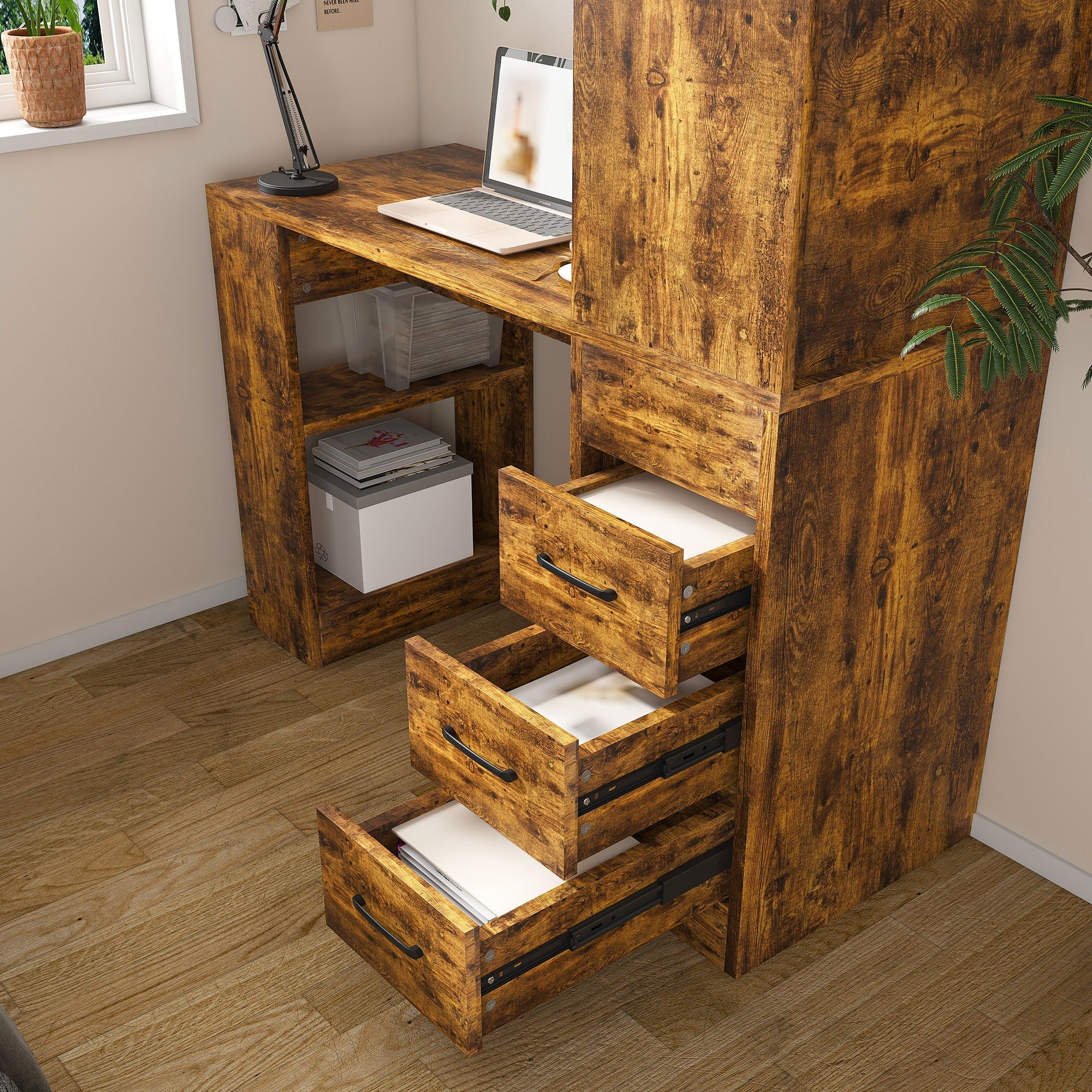 Computer Desk With 4 In 1 Socket & 3 Drawers, 4 Tier Shelves - Image 14