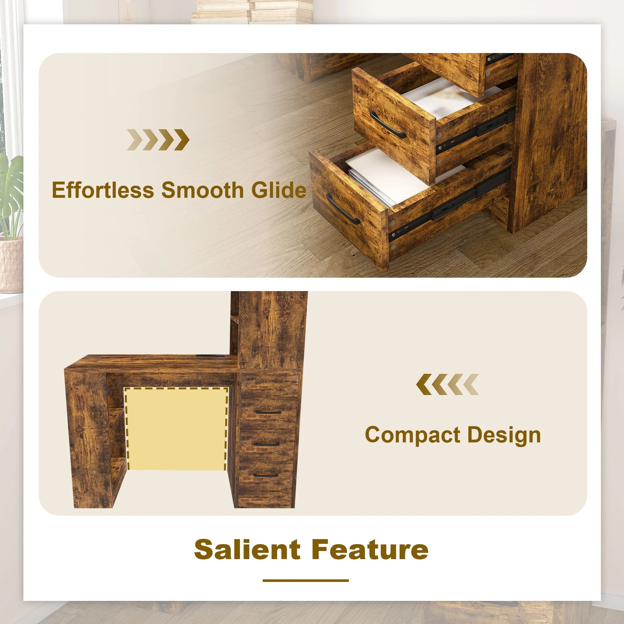 Computer Desk With 4 In 1 Socket & 3 Drawers, 4 Tier Shelves - Image 15