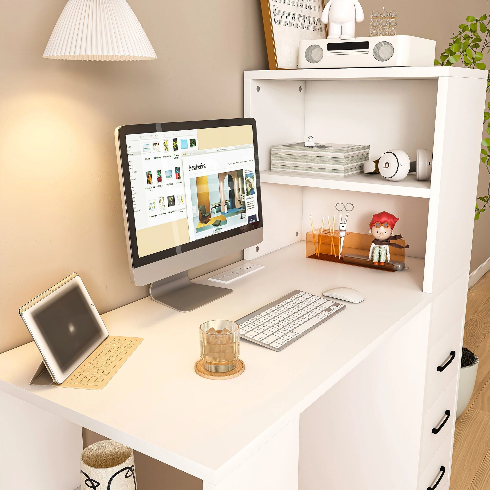 Computer Desk With 4 In 1 Socket & 3 Drawers, 4 Tier Shelves - Image 16
