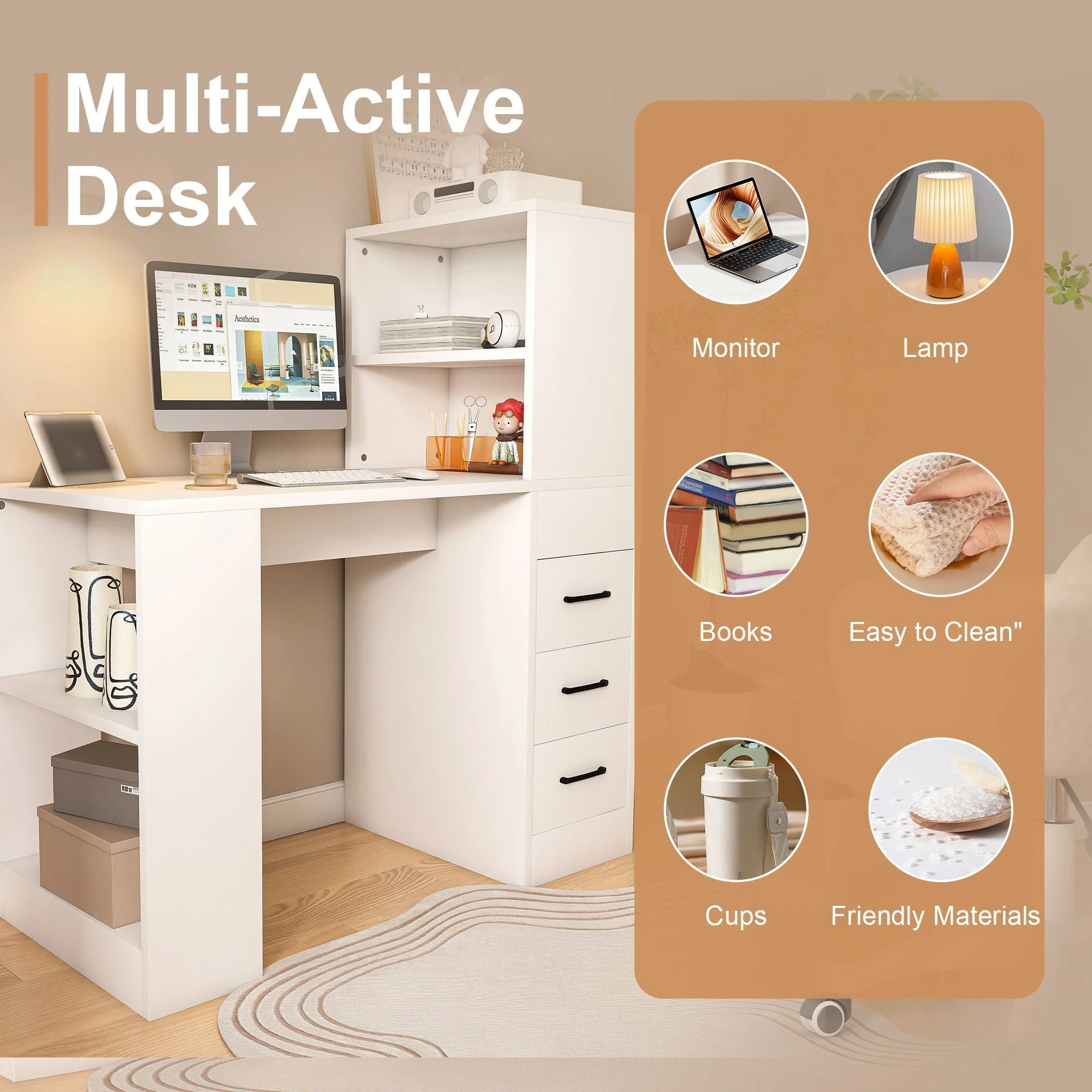 Computer Desk With 4 In 1 Socket & 3 Drawers, 4 Tier Shelves - Image 17