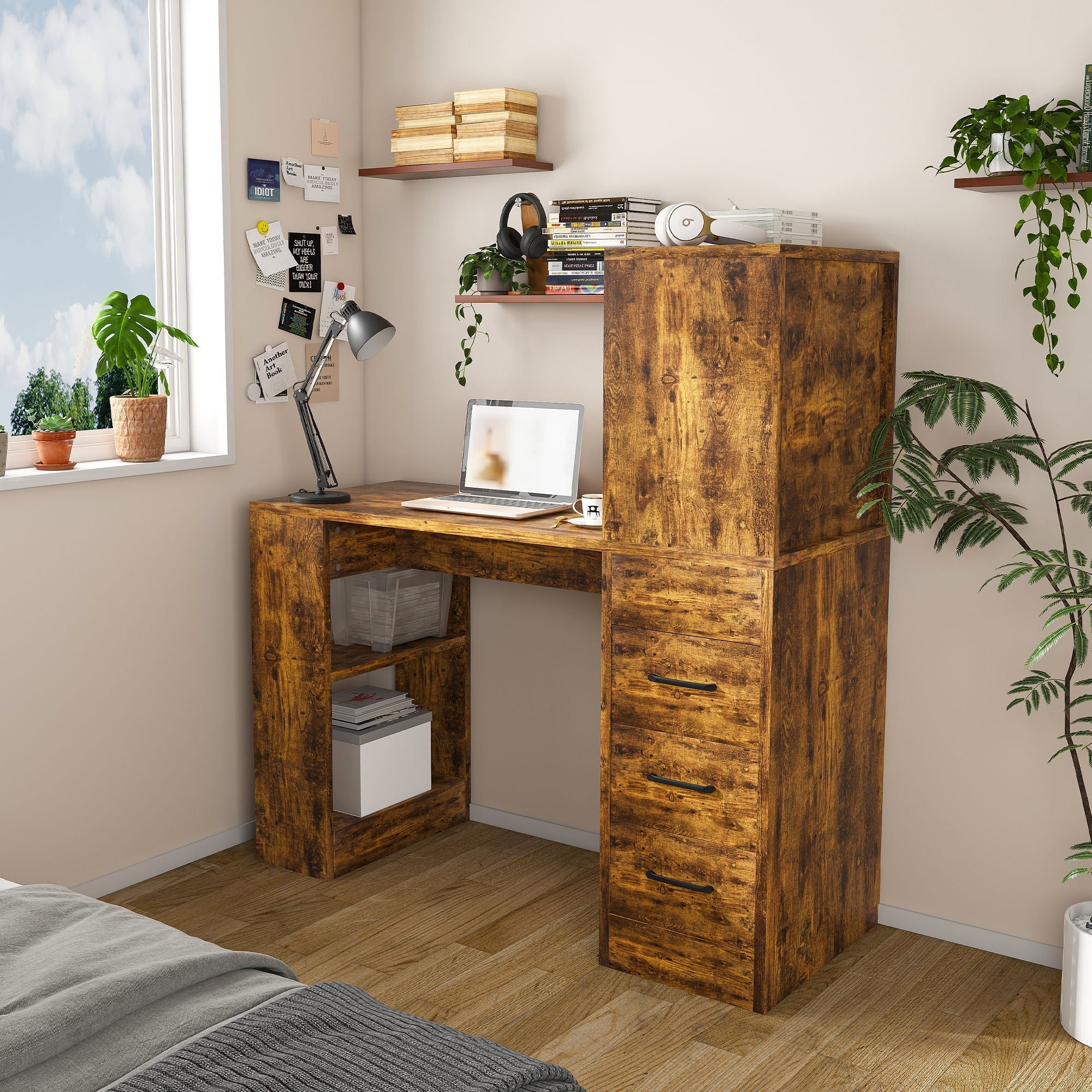 Computer Desk With 4 In 1 Socket & 3 Drawers, 4 Tier Shelves - Image 18