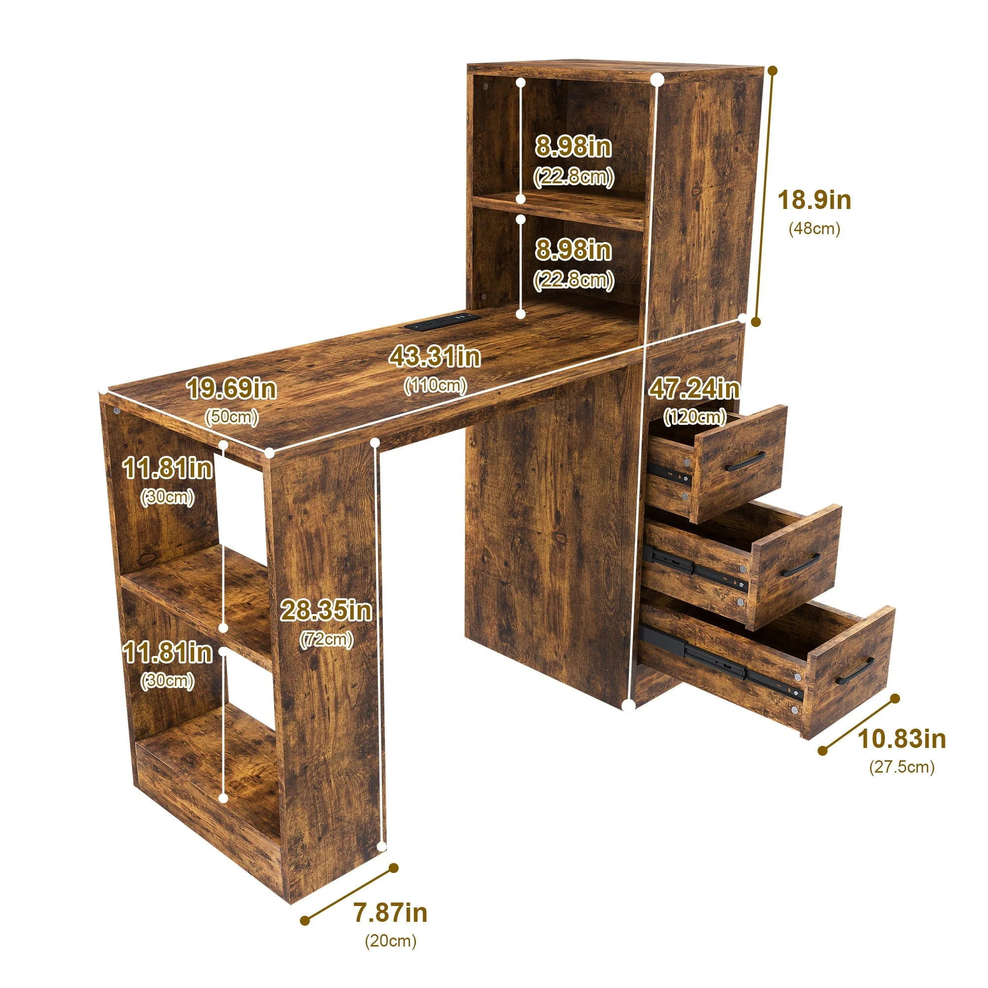 Computer Desk With 4 In 1 Socket & 3 Drawers, 4 Tier Shelves - Image 21
