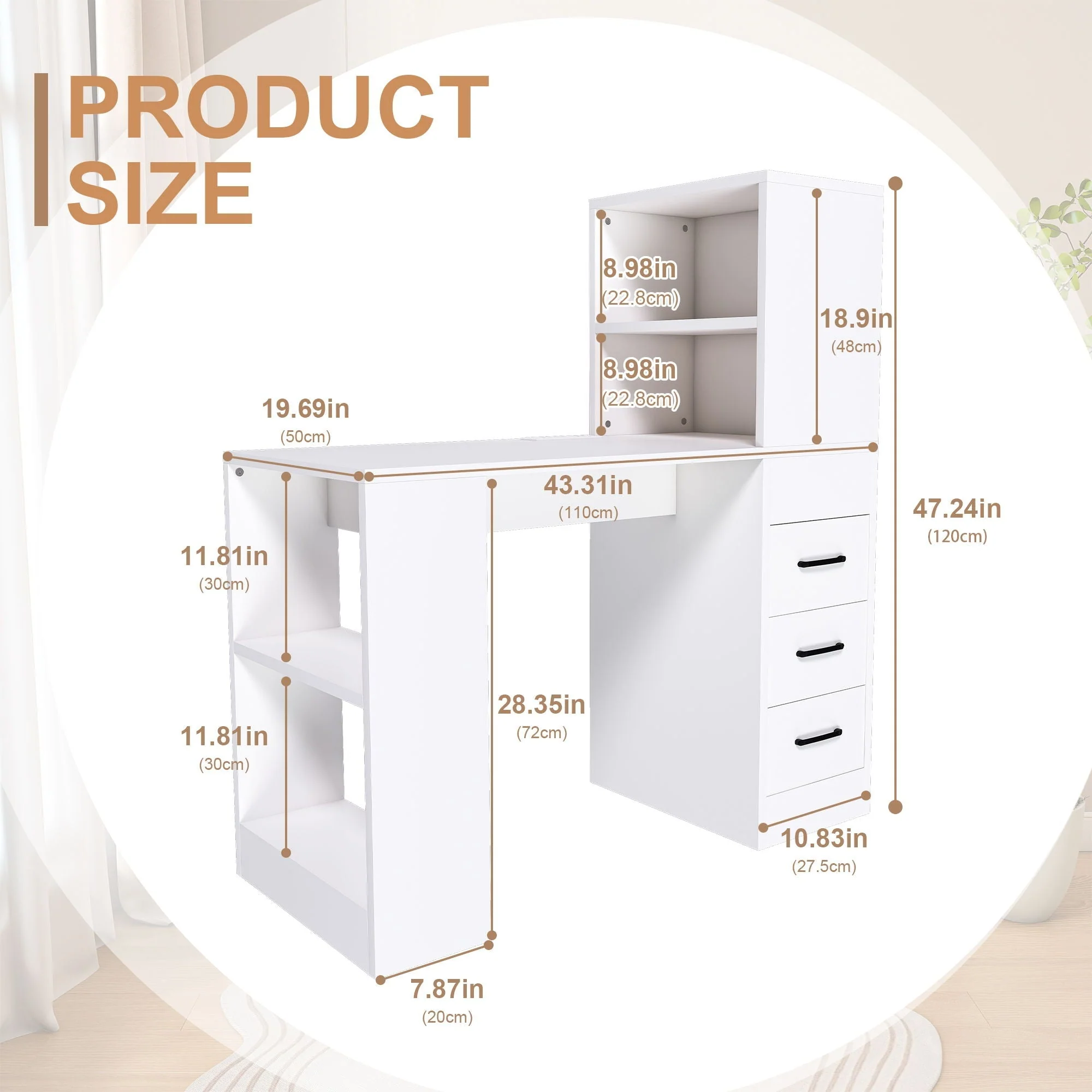 Computer Desk With 4 In 1 Socket & 3 Drawers, 4 Tier Shelves - Image 24