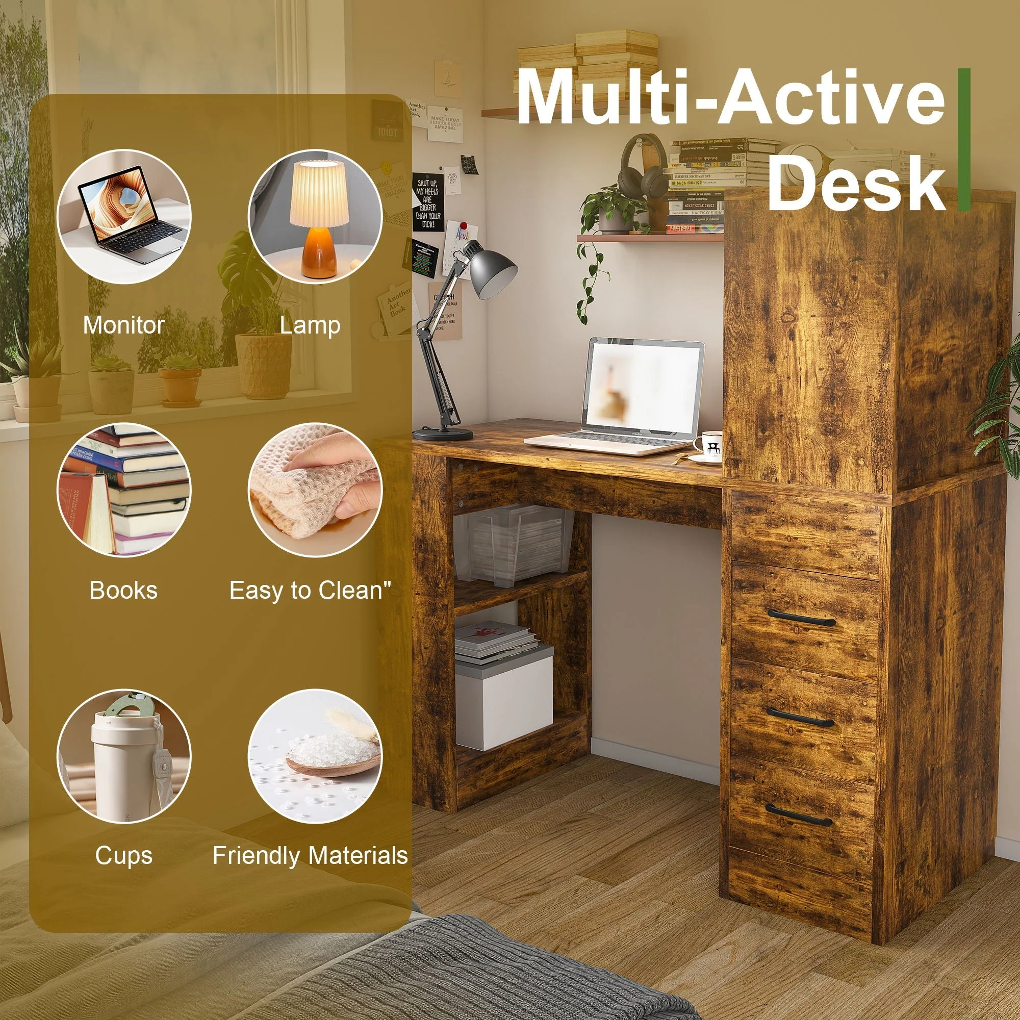 Computer Desk With 4 In 1 Socket & 3 Drawers, 4 Tier Shelves - Image 25