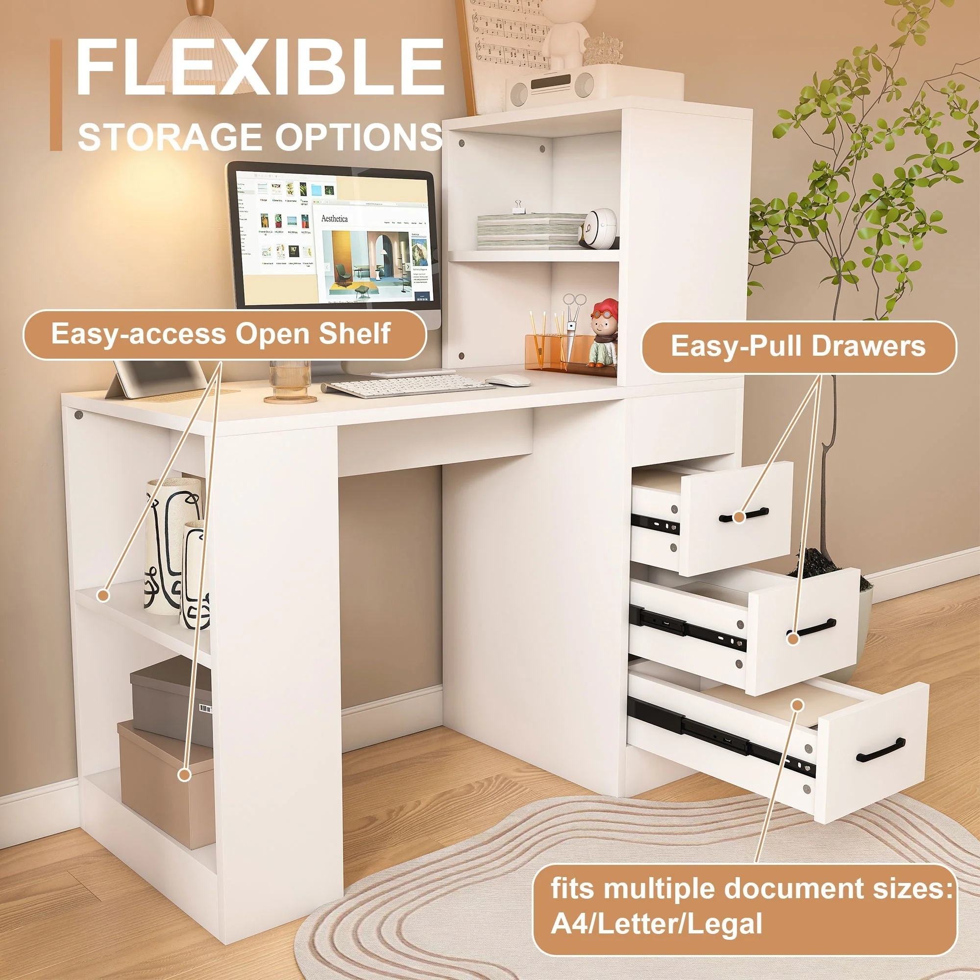 Computer Desk With 4 In 1 Socket & 3 Drawers, 4 Tier Shelves - Image 26
