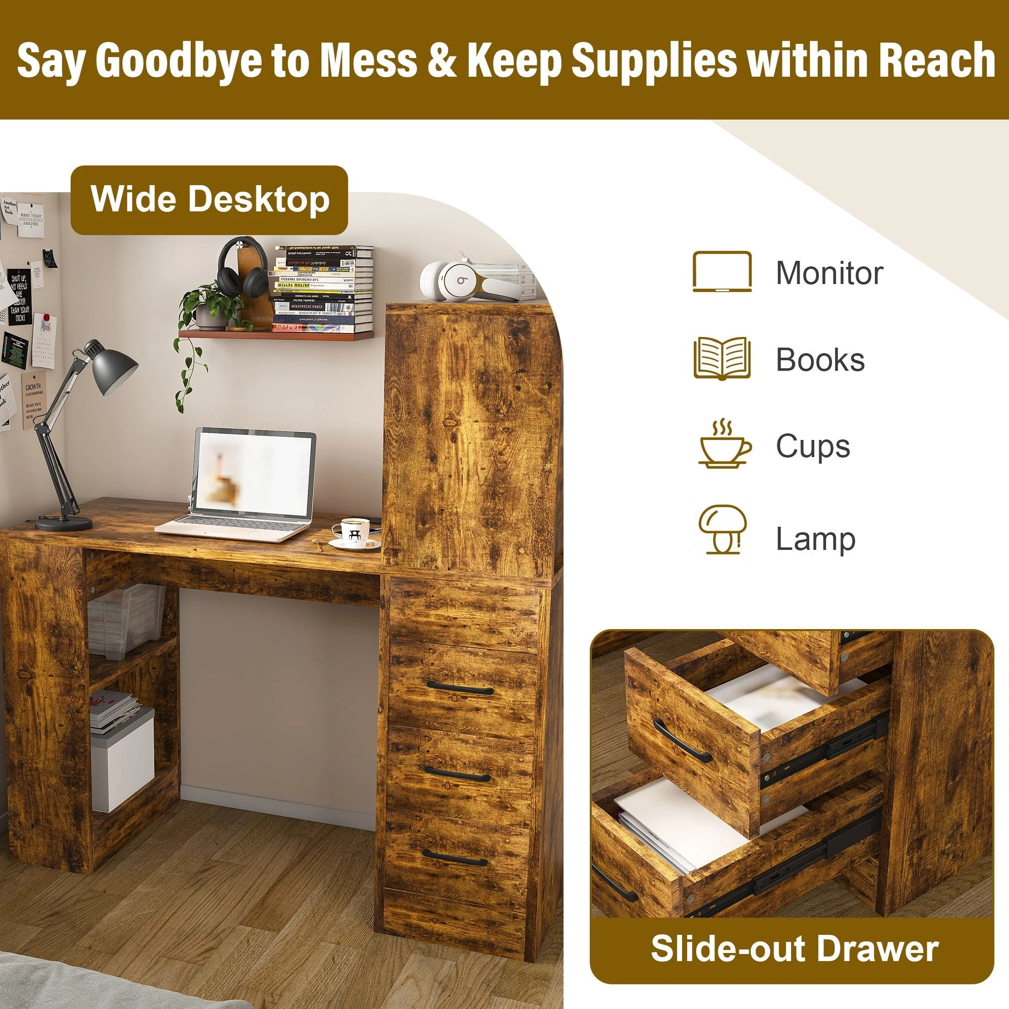Computer Desk With 4 In 1 Socket & 3 Drawers, 4 Tier Shelves - Image 27