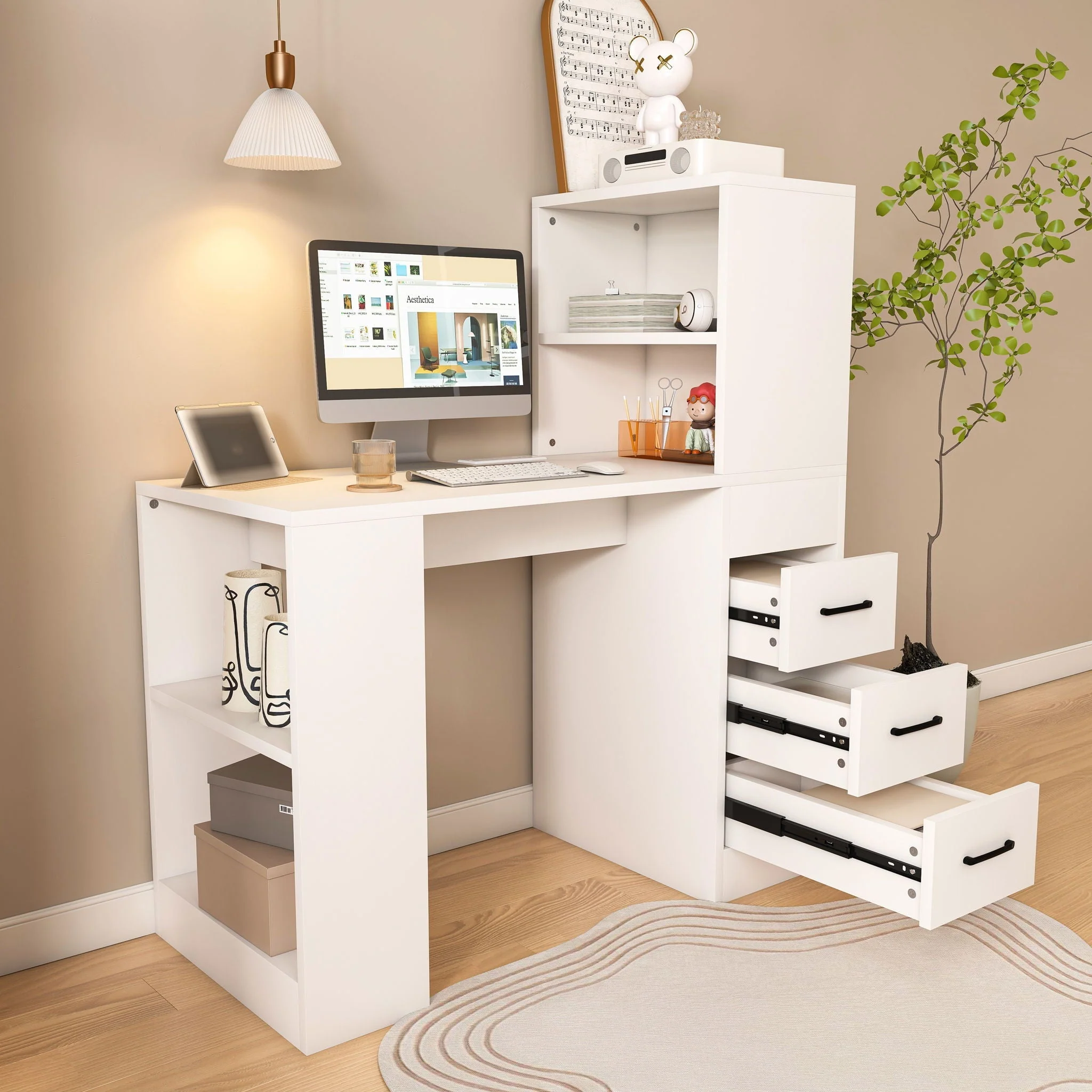 Computer Desk With 4 In 1 Socket & 3 Drawers, 4 Tier Shelves - Image 4
