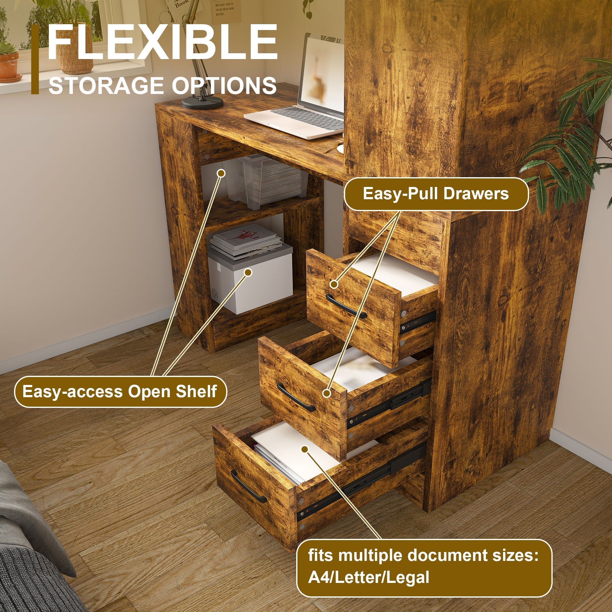 Computer Desk With 4 In 1 Socket & 3 Drawers, 4 Tier Shelves - Image 6