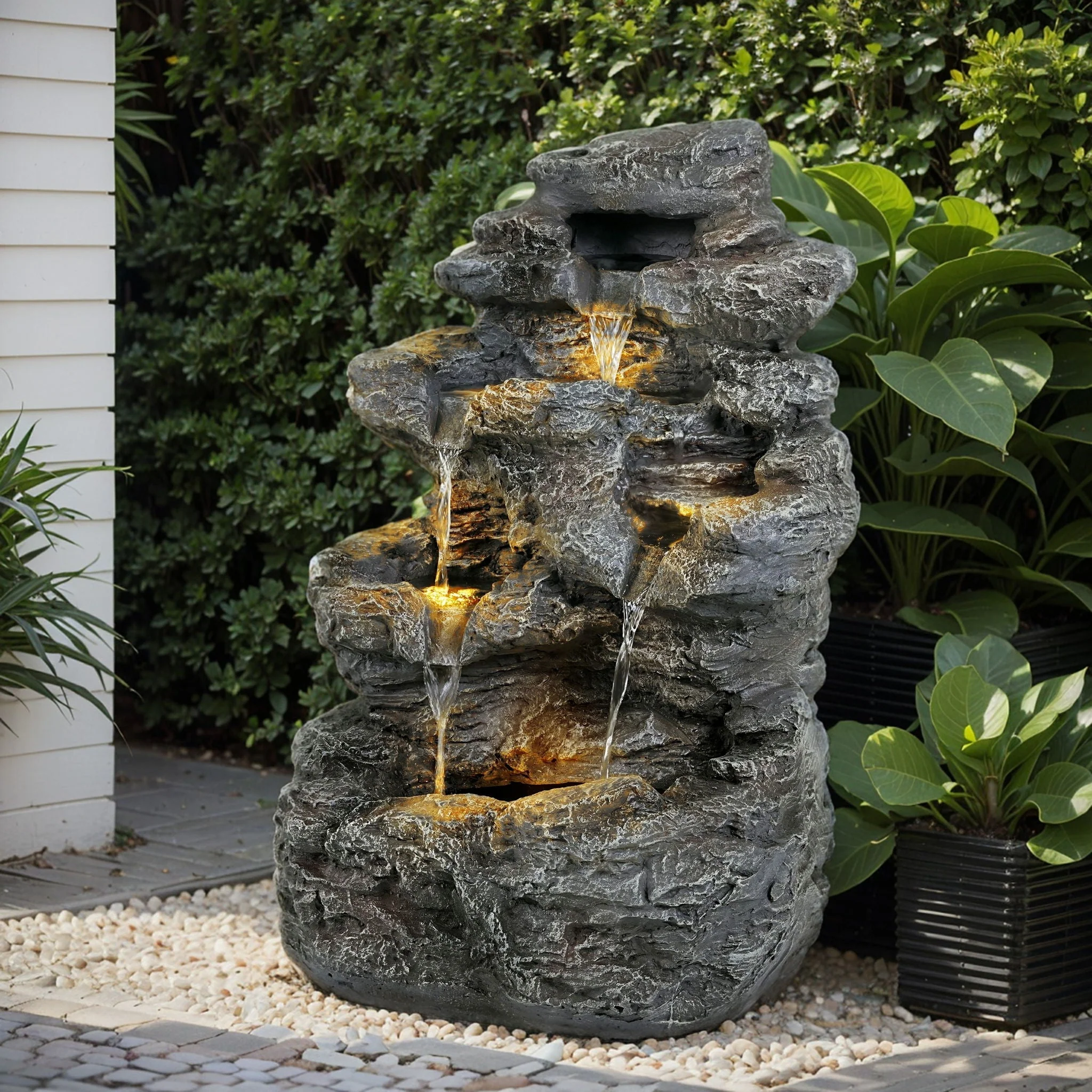 Concrete Rock Waterfall Fountain With LED Lights, Outdoor Garden Decor - Image 4