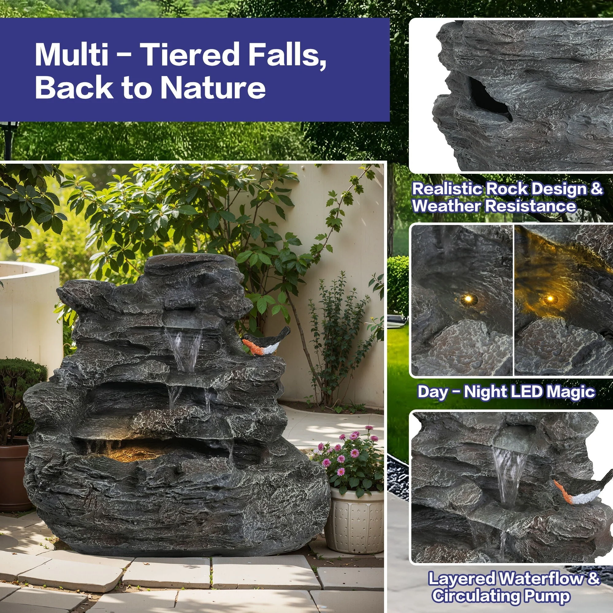 Concrete Rock Waterfall Fountain With LED Lights, Outdoor Garden Decor - Image 5