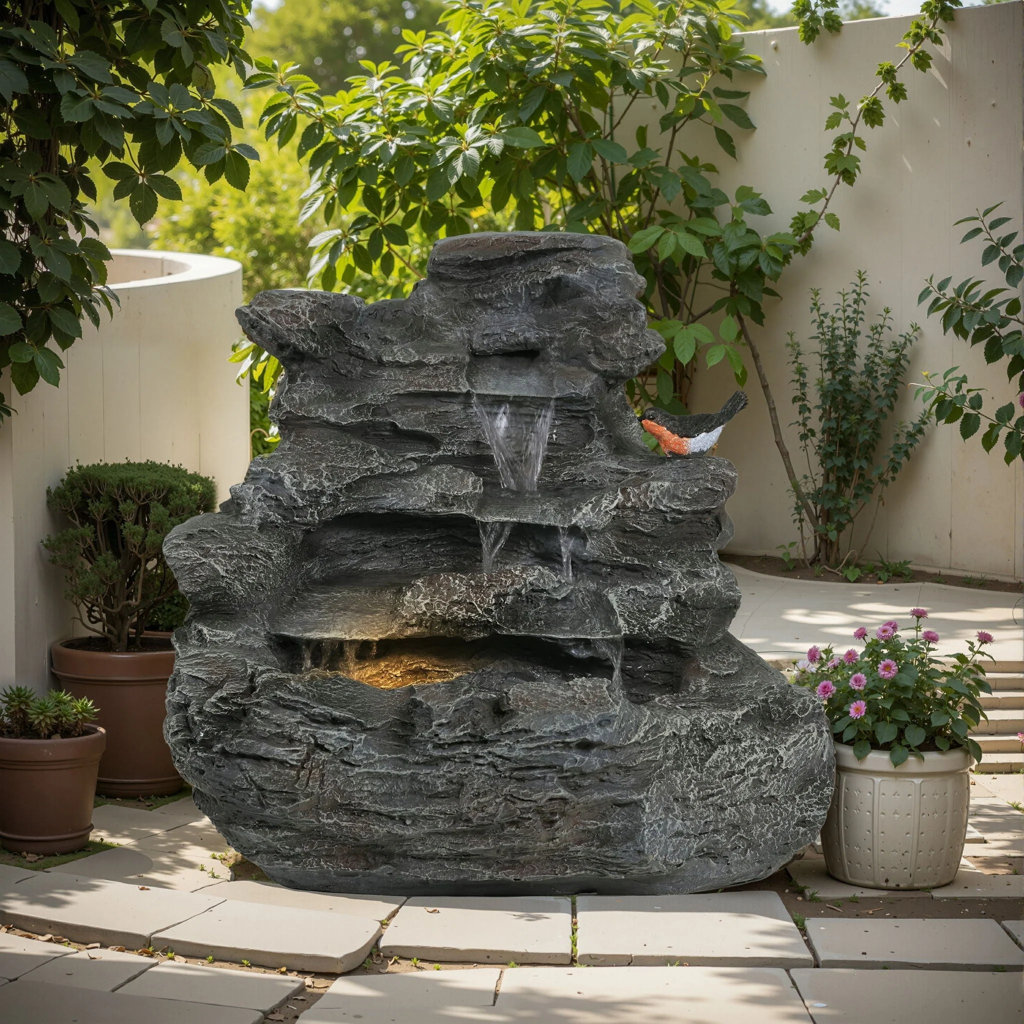 Concrete Rock Waterfall Fountain With LED Lights, Outdoor Garden Decor - Image 6
