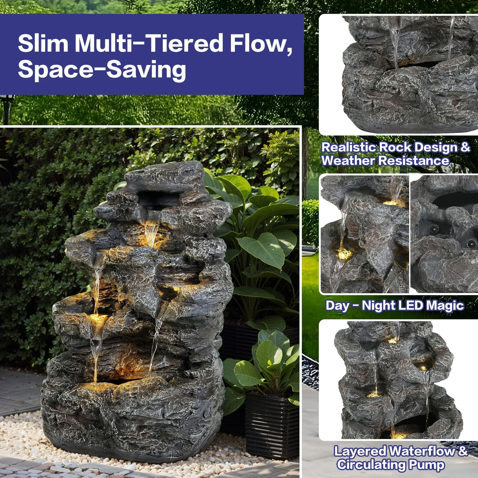 Concrete Rock Waterfall Fountain With LED Lights, Outdoor Garden Decor - Image 8
