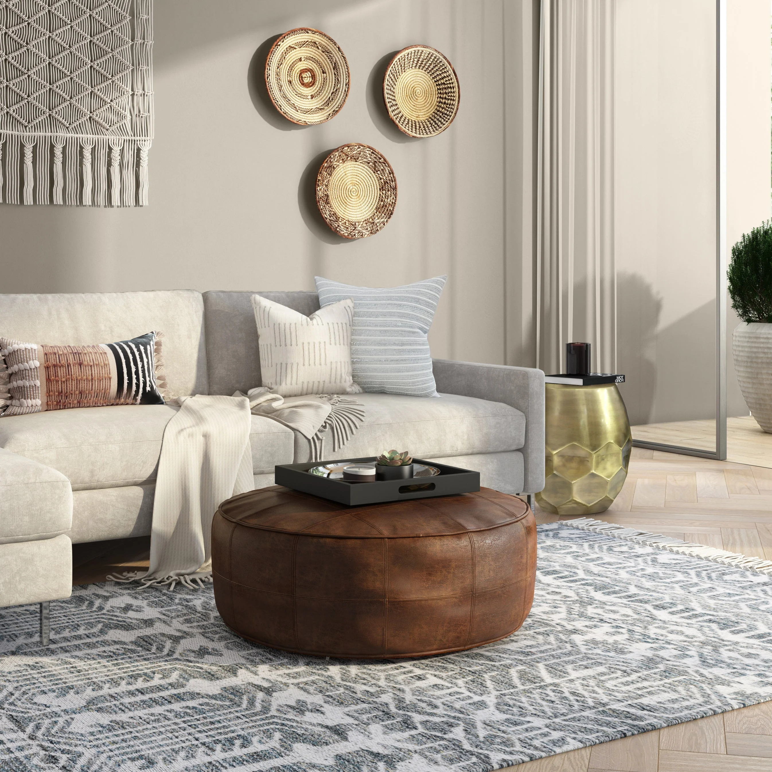 Connor 34" Round Coffee Table Pouf - Distressed Brown - Image 8