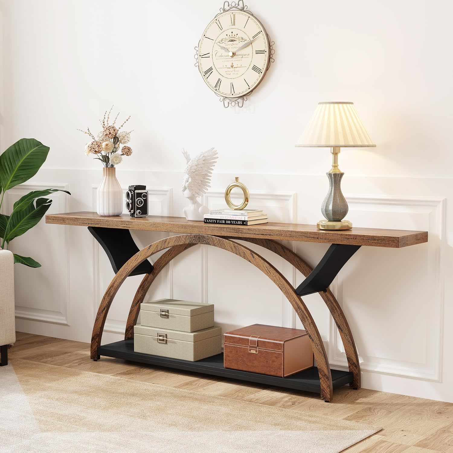 Console Table With 2 Tier Storage And Half Moon Frame For Hallway - Brown / Black - Image 3