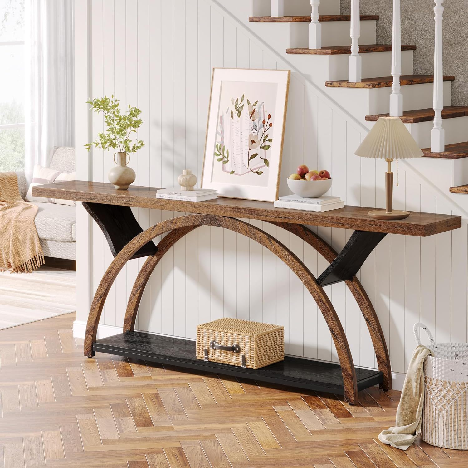 Console Table With 2 Tier Storage And Half Moon Frame For Hallway - Brown / Black - Image 4