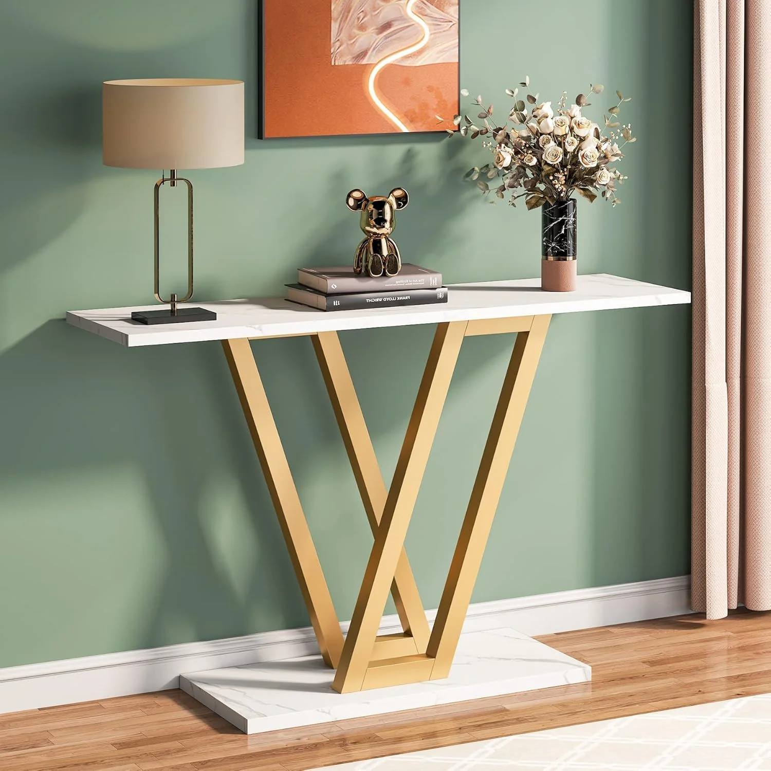 Console Table With Top With V Leg Frame For Hallway, Living Room - White / Gold - Image 2