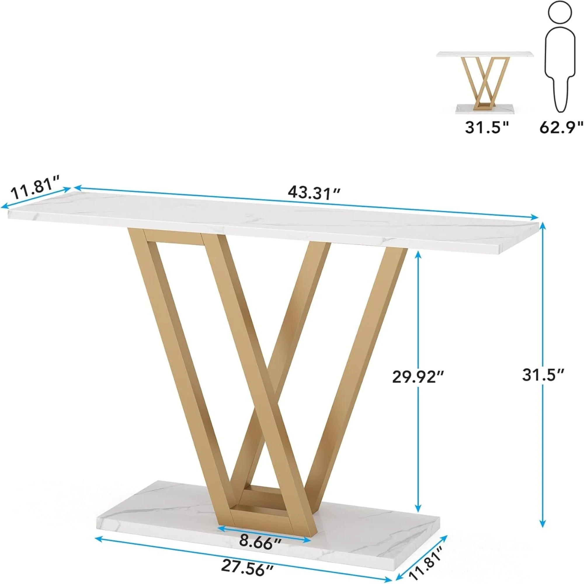 Console Table With Top With V Leg Frame For Hallway, Living Room - White / Gold - Image 3