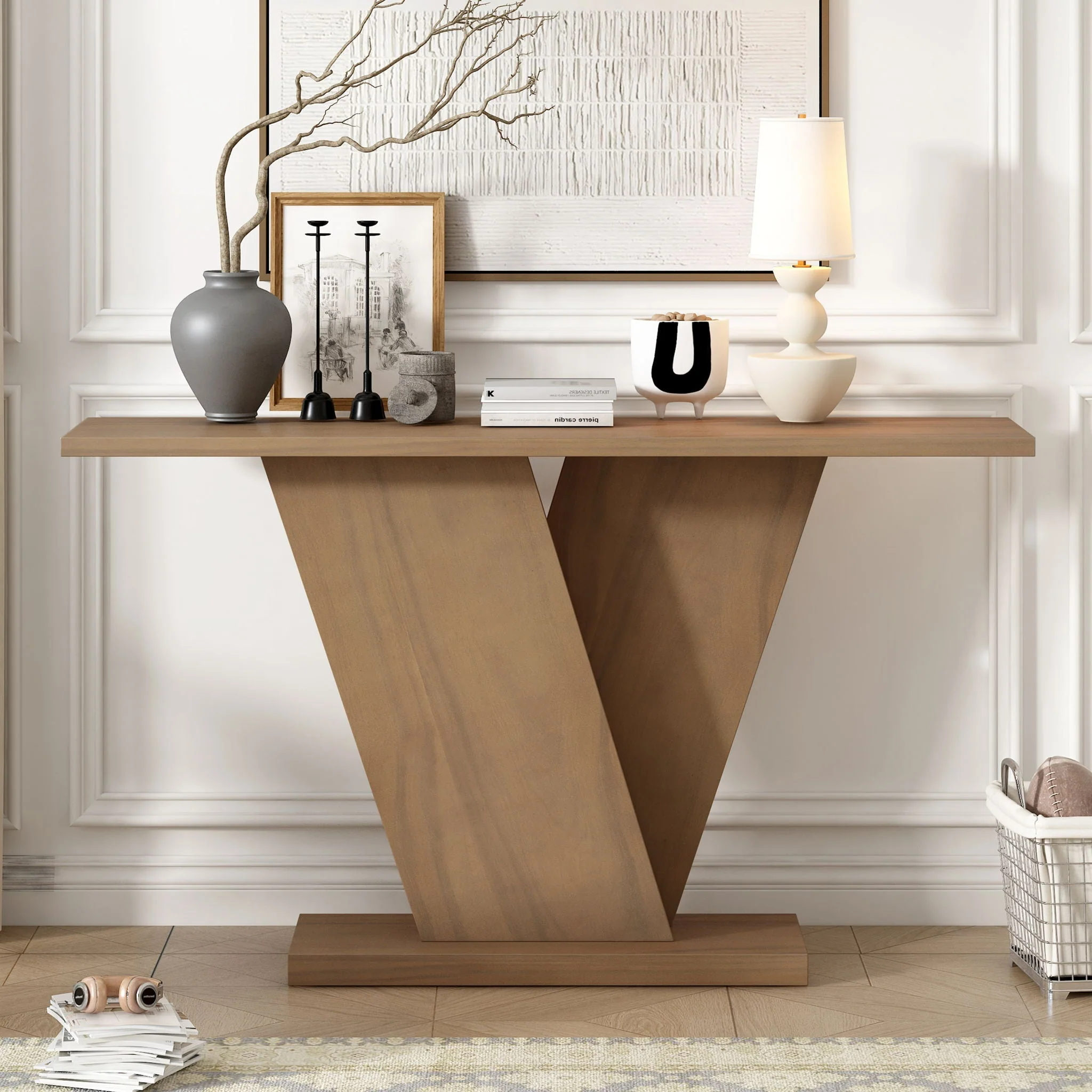 Console Table With V Shape Base, Sculptural Entryway Accent - Image 10