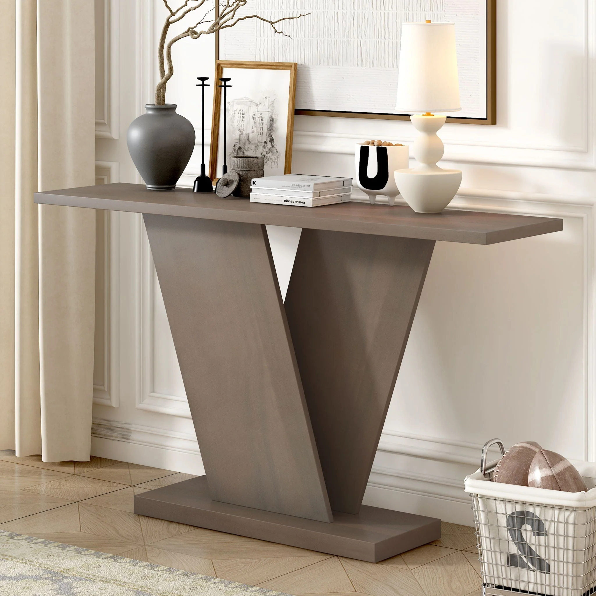 Console Table With V Shape Base, Sculptural Entryway Accent - Image 6