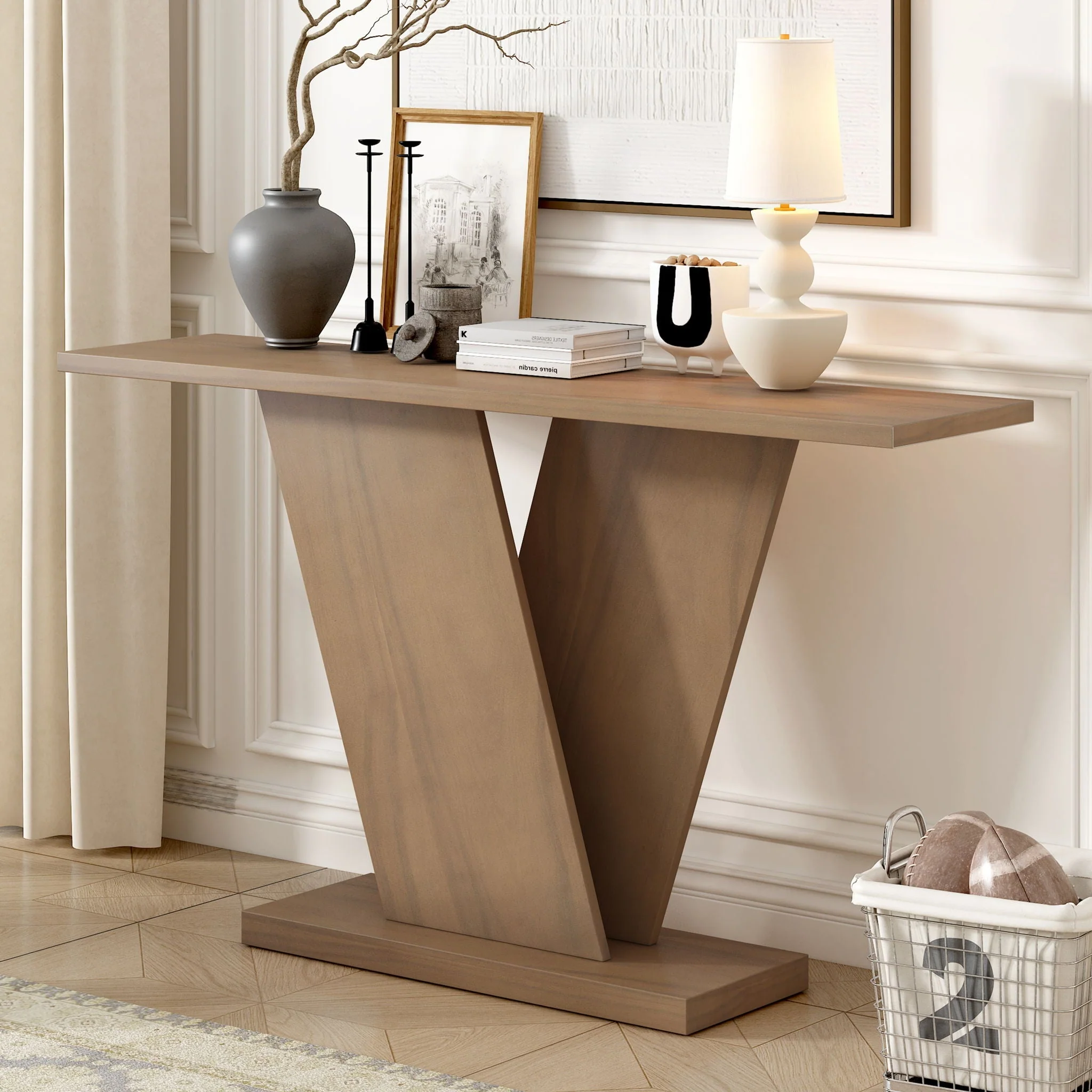 Console Table With V Shape Base, Sculptural Entryway Accent - Image 7