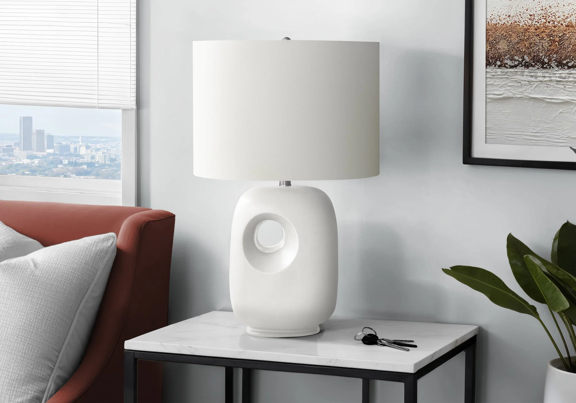 Contemporary 26"H White Ceramic Table Lamp with Ivory Shade - Image 2