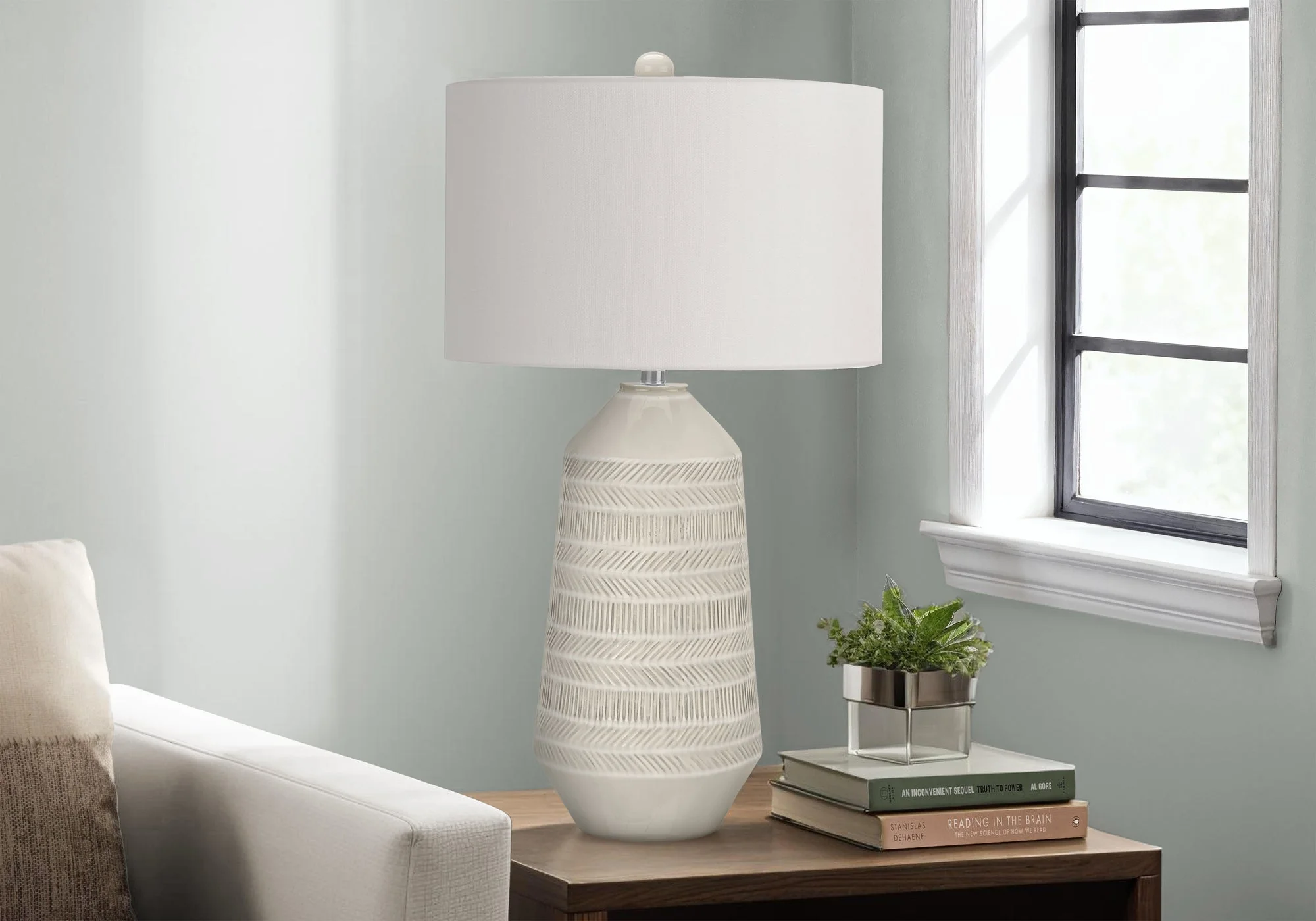 Contemporary 33"h Table Lamp with Ivory Shade and Cream Ceramic Base - Image 2