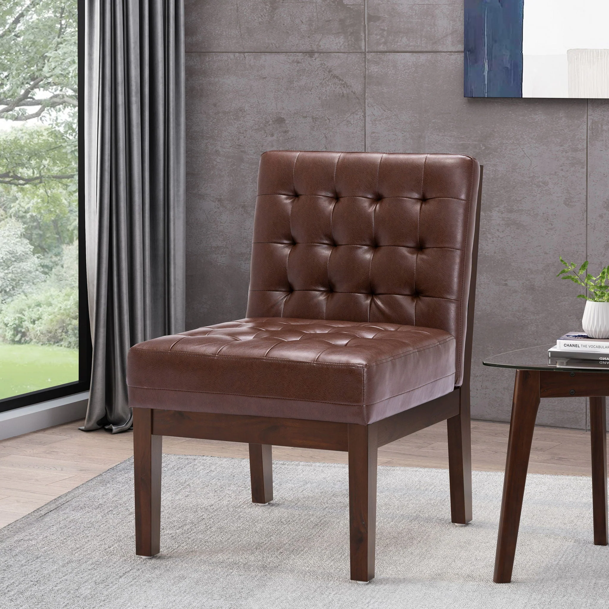 Contemporary Accent Chair With Tufted Waffle Stitch - Dark Brown - Image 2