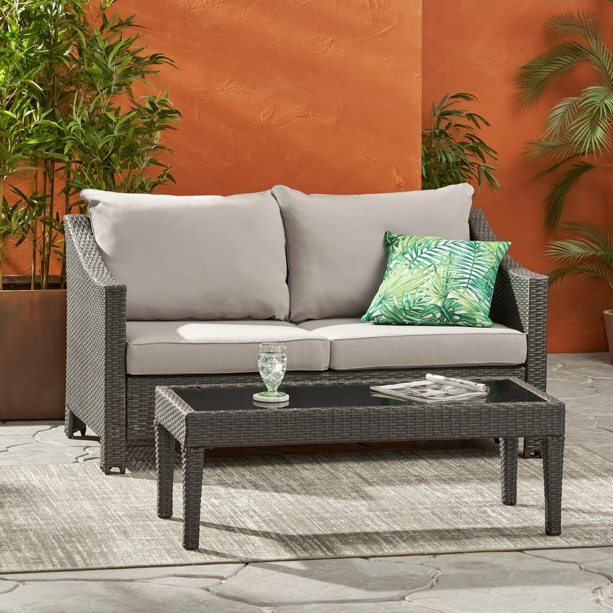 Contemporary ANTIBES Loveseat & Table Set Outdoor Grey PE Rattan Iron Waterproof Fabric - Image 2
