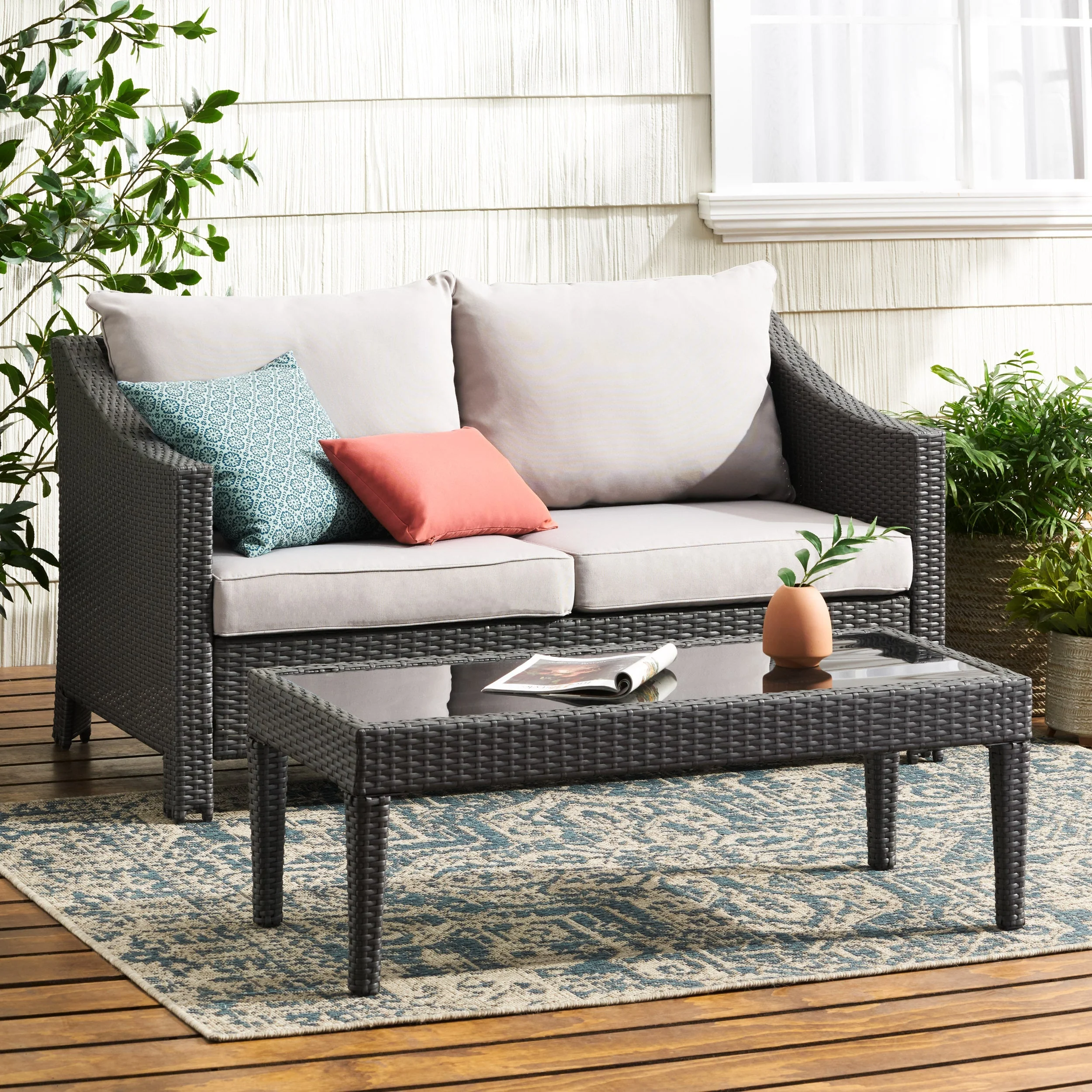 Contemporary ANTIBES Loveseat & Table Set Outdoor Grey PE Rattan Iron Waterproof Fabric - Image 4