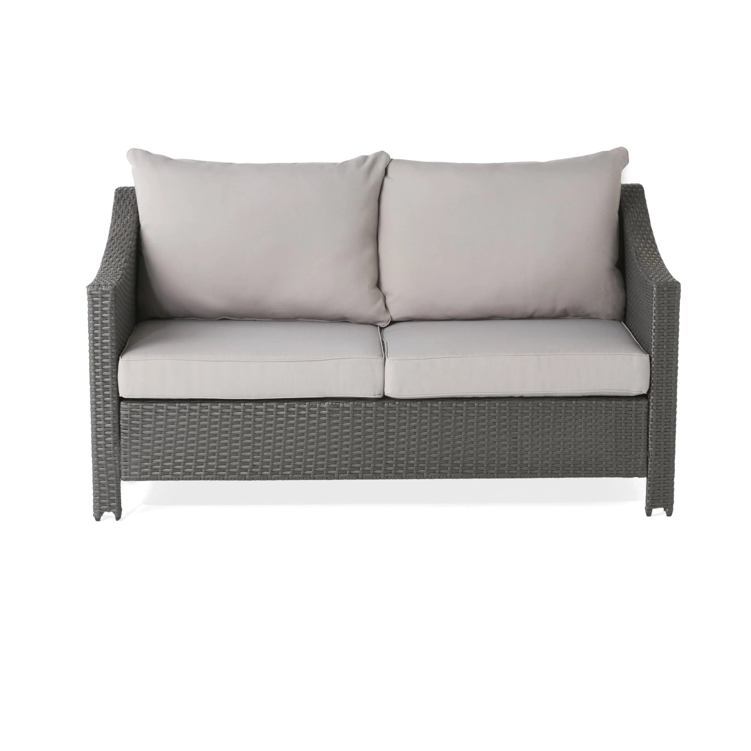 Contemporary ANTIBES Loveseat & Table Set Outdoor Grey PE Rattan Iron Waterproof Fabric - Image 5