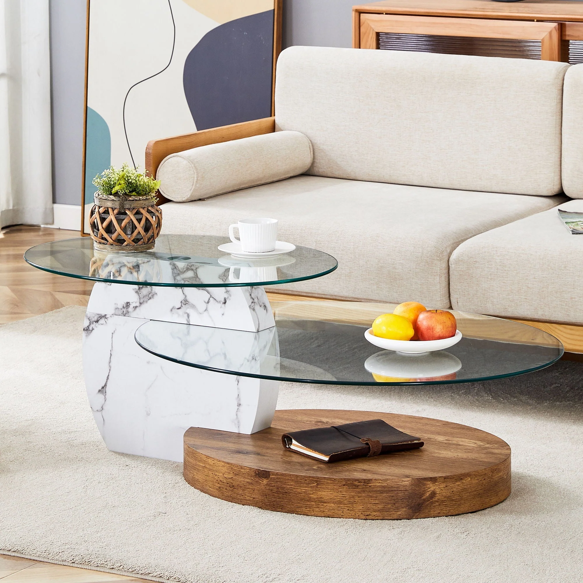 Contemporary Artistic Double Layer Coffee Table, Tempered Glass Top - Image 3