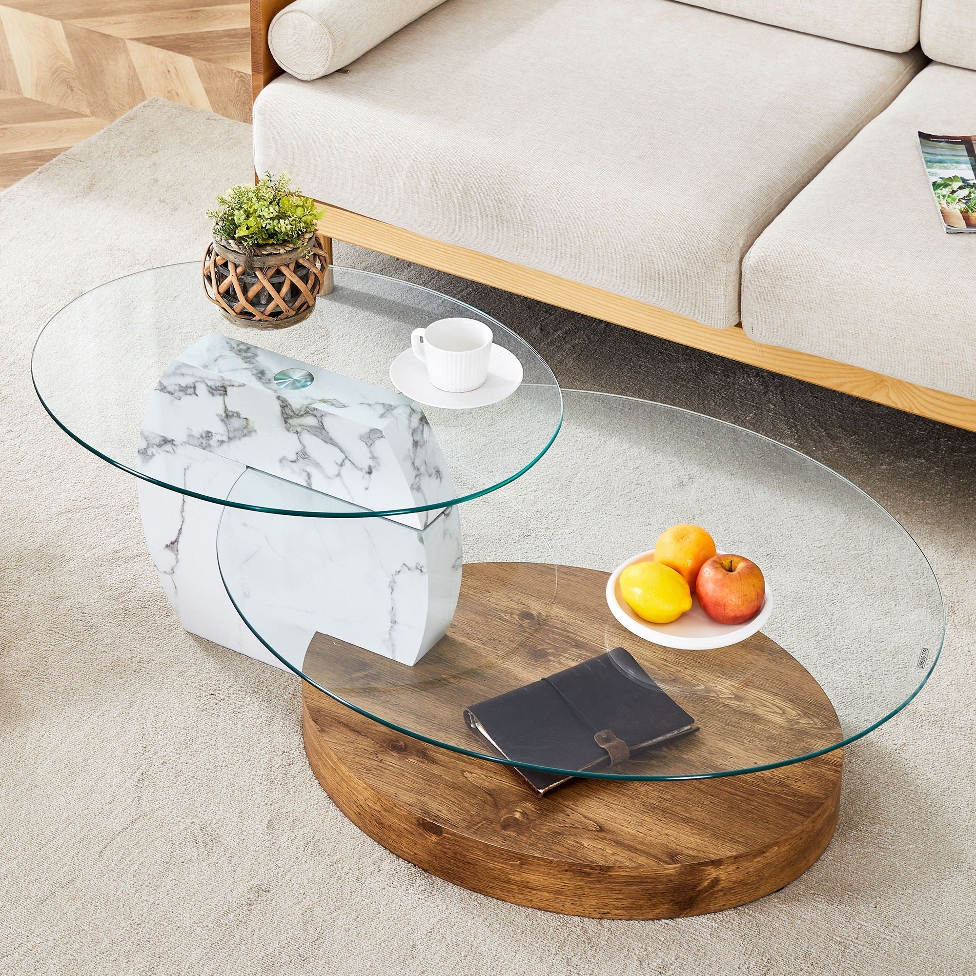 Contemporary Artistic Double Layer Coffee Table, Tempered Glass Top - Image 4