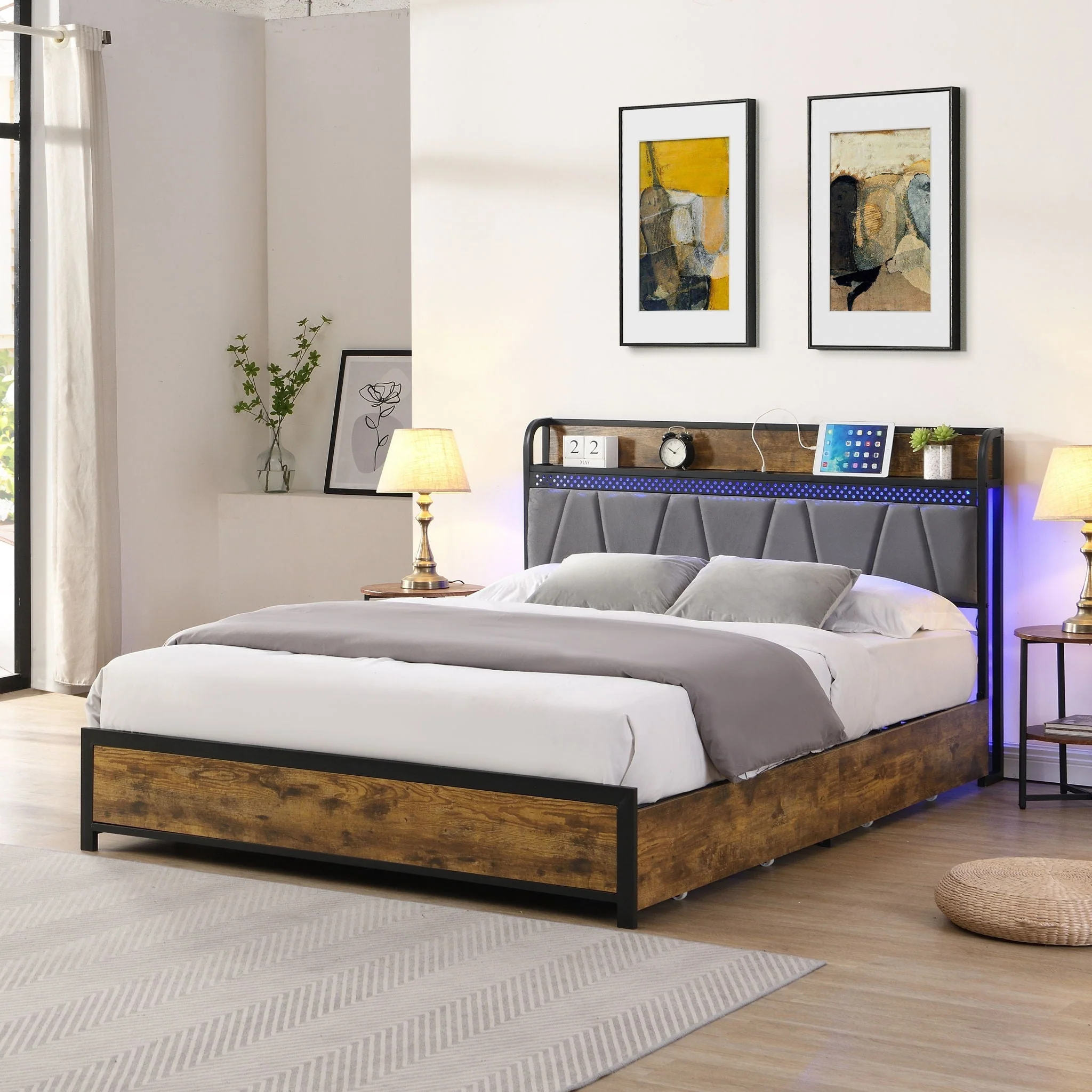 Contemporary Bed Frame With Storage Headboard, Charging Station, LED Lights - Image 2
