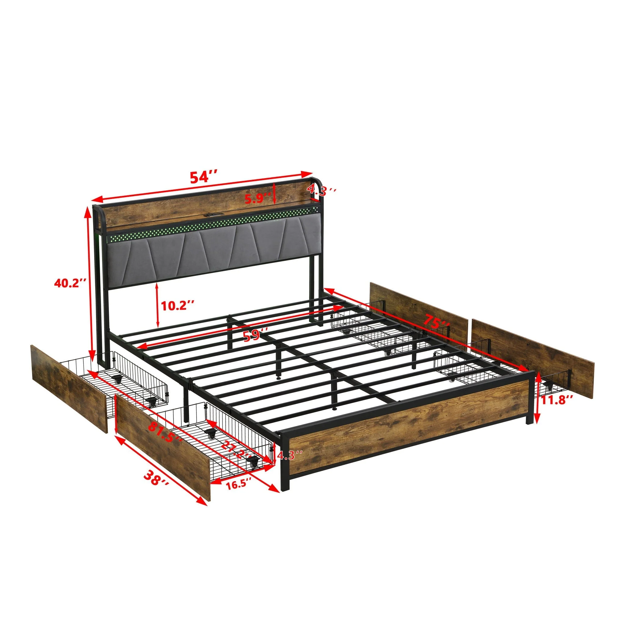 Contemporary Bed Frame With Storage Headboard, Charging Station, LED Lights - Image 3