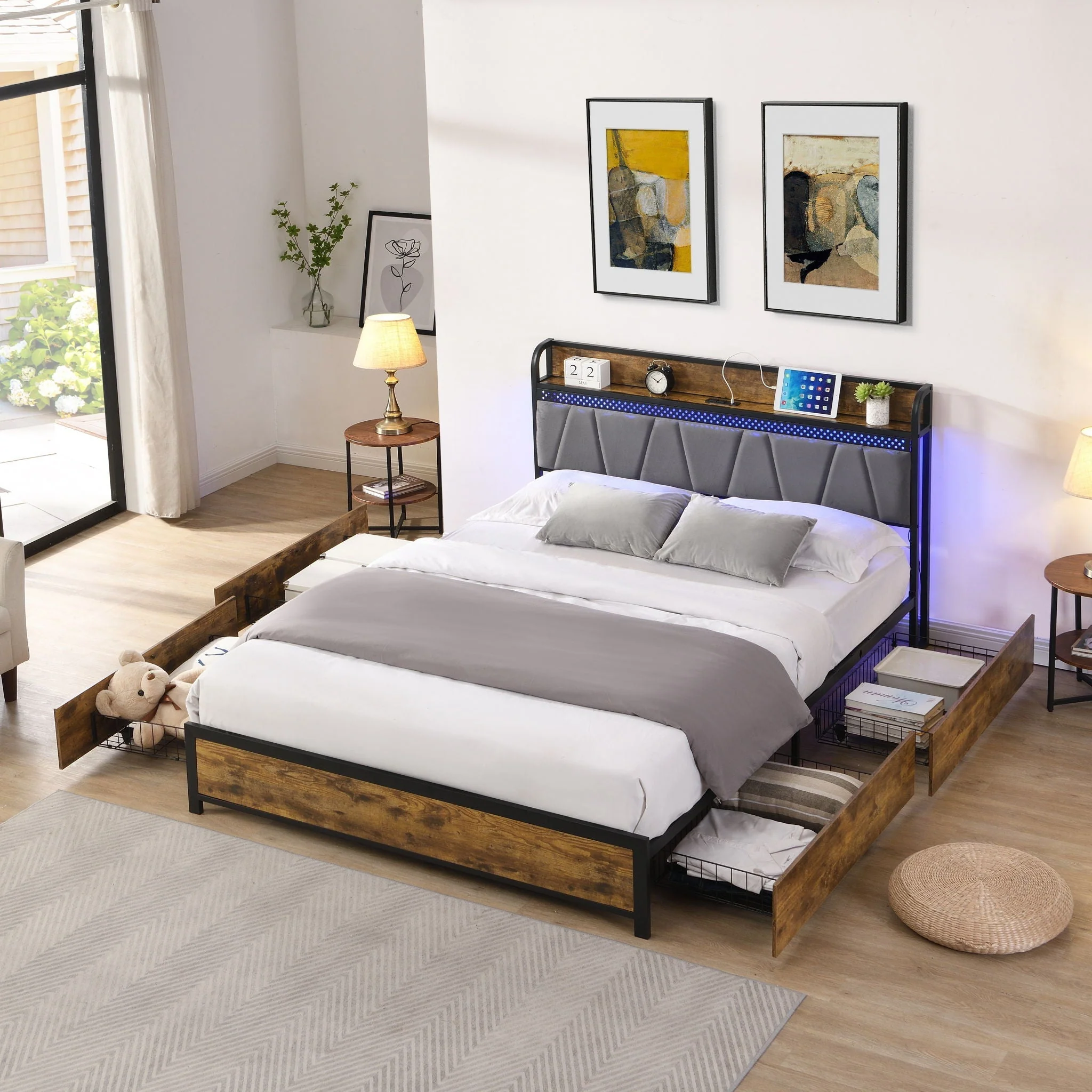 Contemporary Bed Frame With Storage Headboard, Charging Station, LED Lights - Image 4