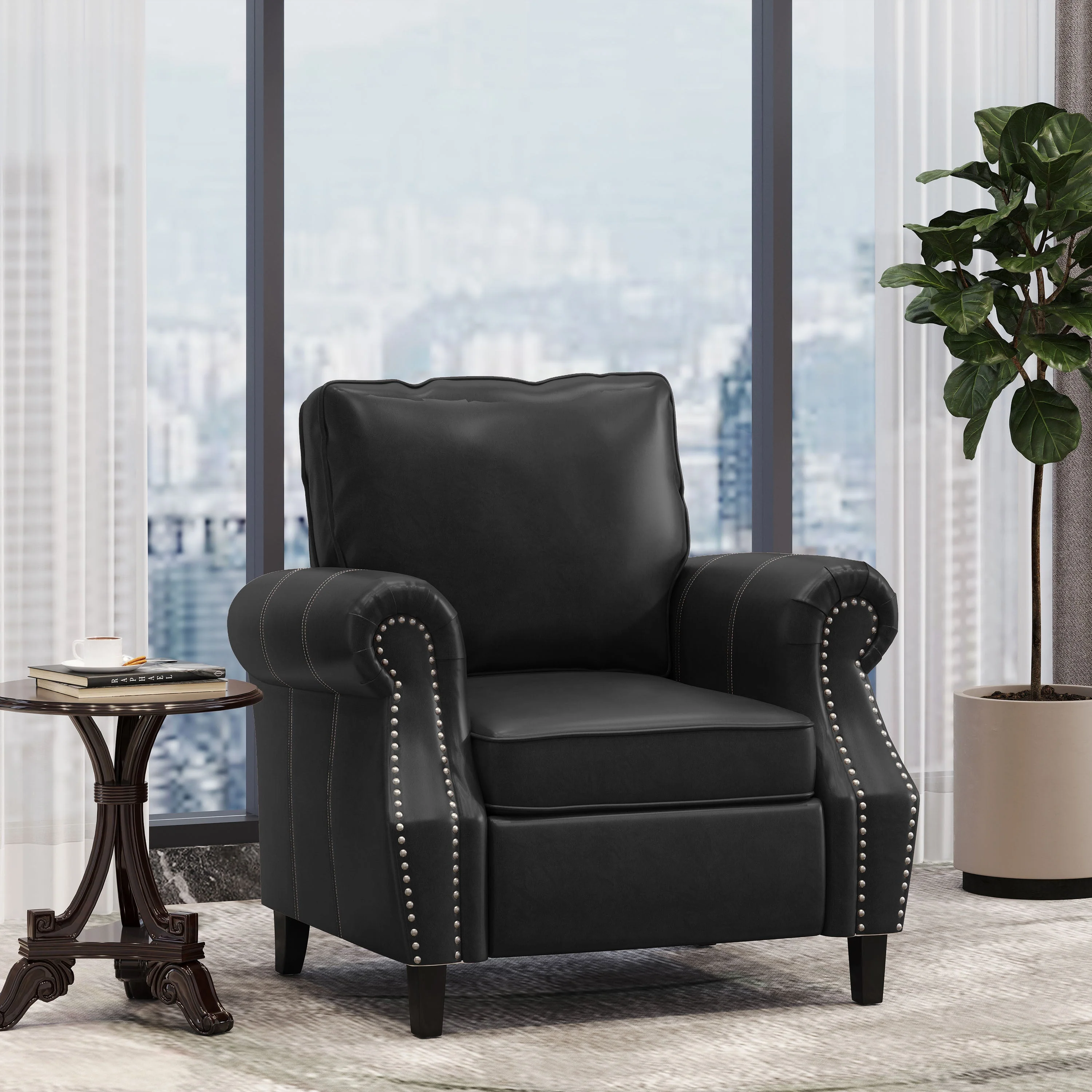 Contemporary Black PU Club Chair with Nailhead Trim and Rolled Armrests - Image 2
