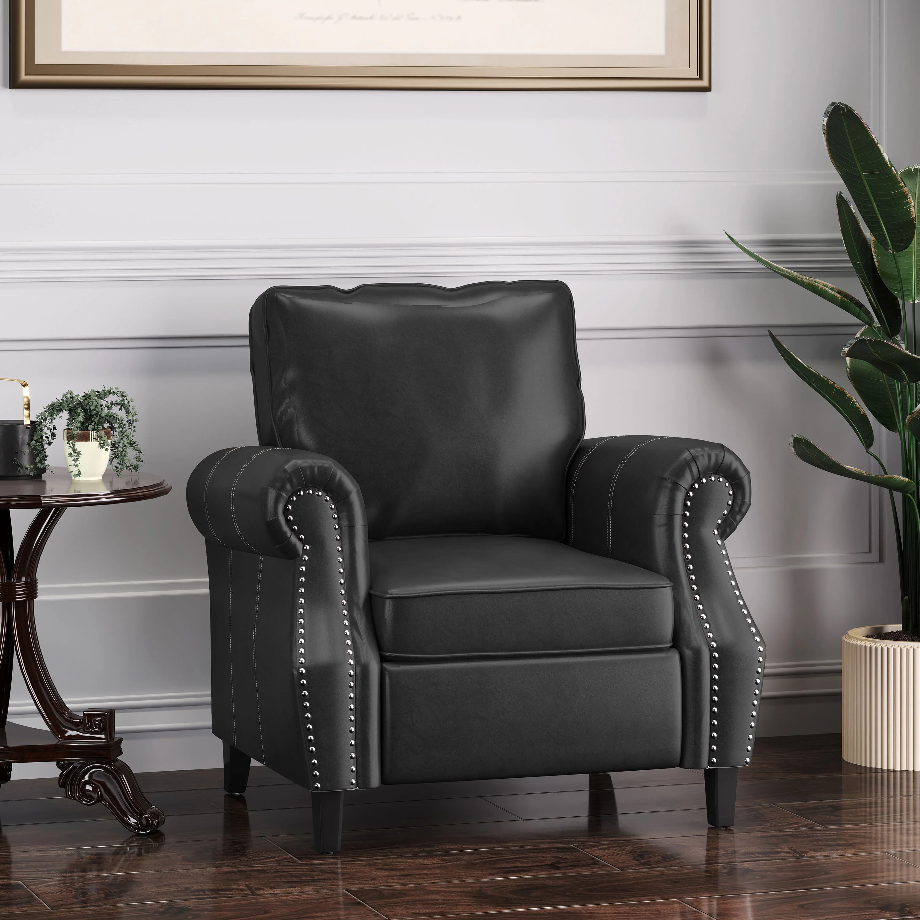 Contemporary Black PU Club Chair with Nailhead Trim and Rolled Armrests - Image 6