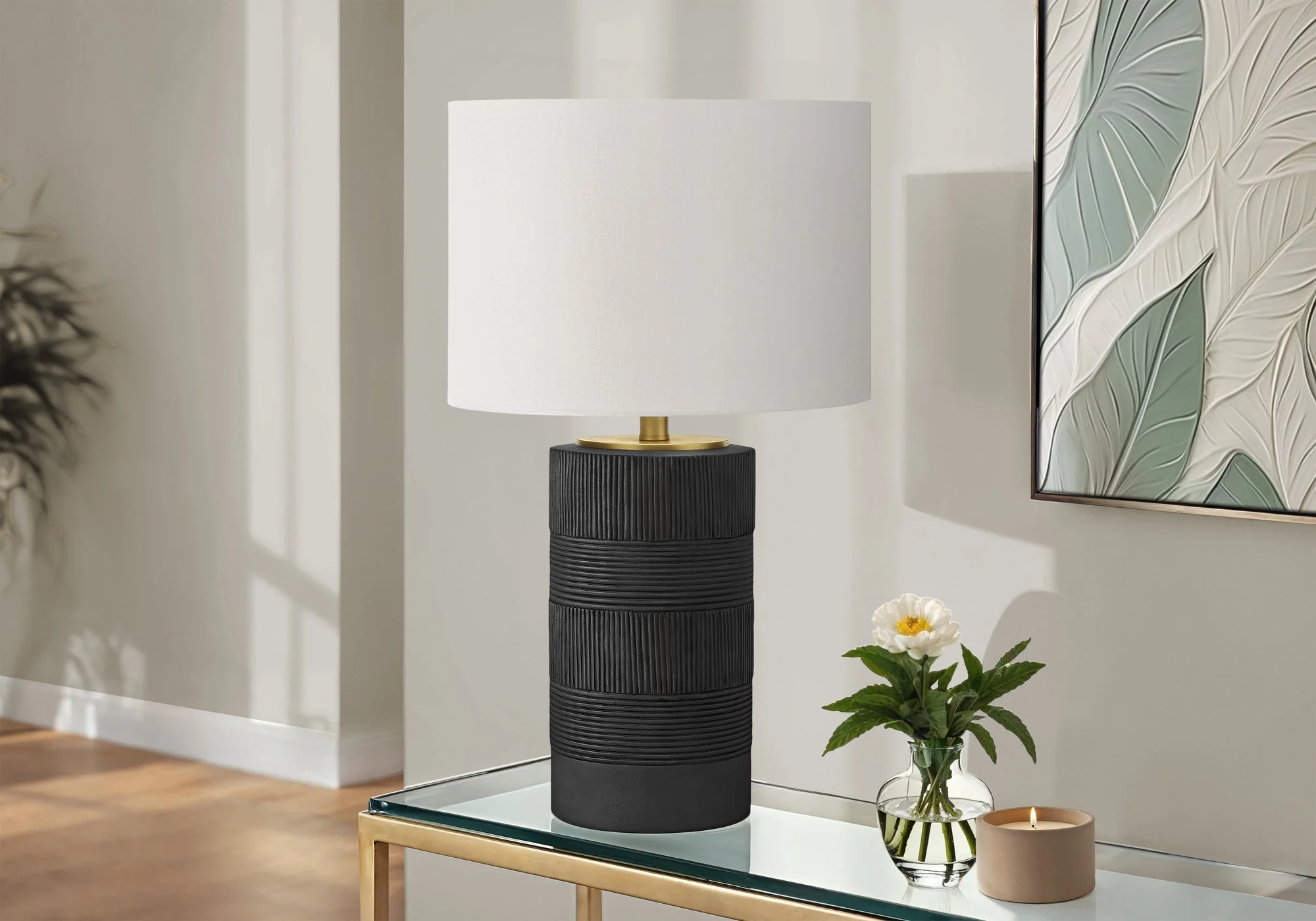 Contemporary Black Resin Table Lamp with Ivory Shade, 24 inches High - Image 2