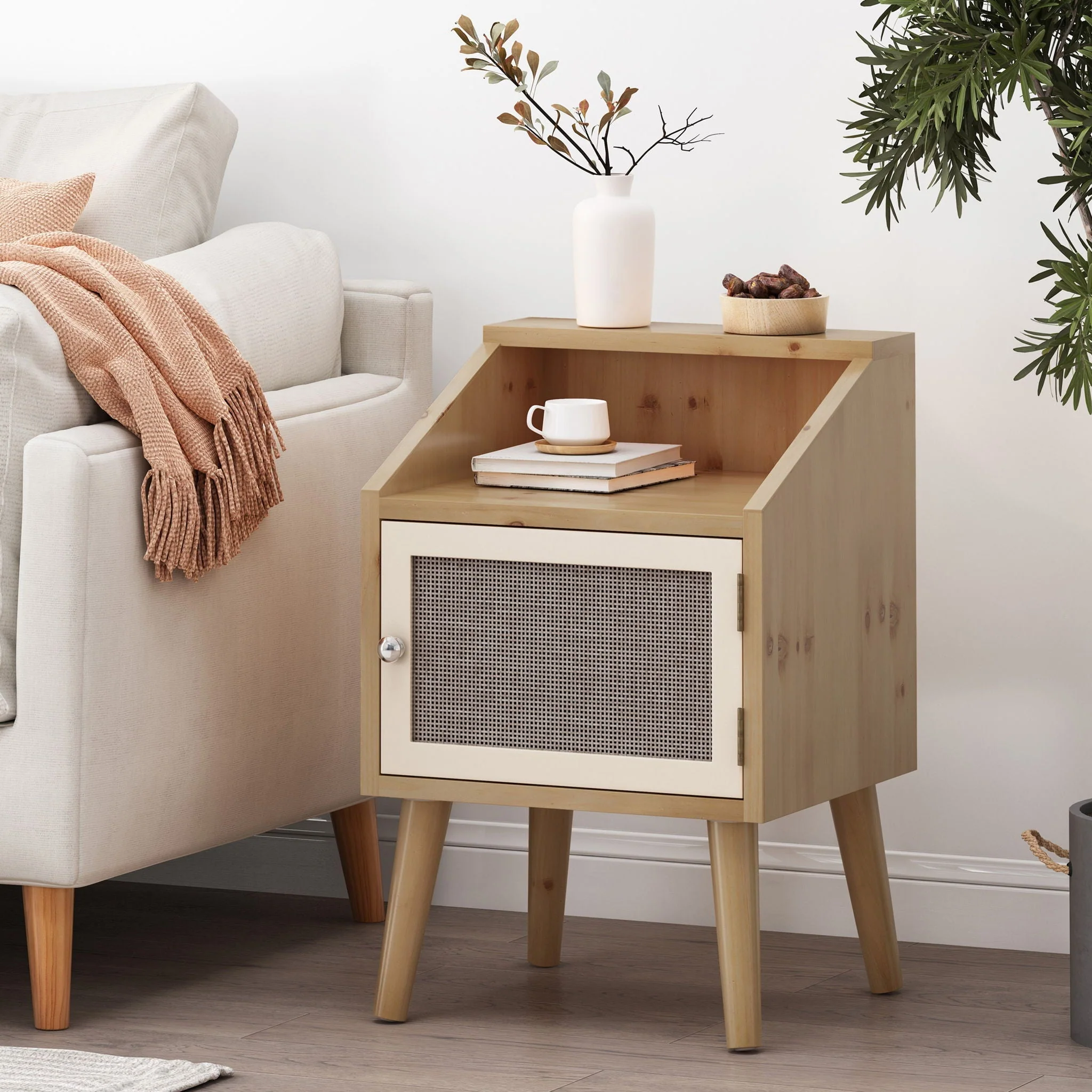 Contemporary End Table With Rattan Accents And Tempered Glass - Natural / White - Image 2