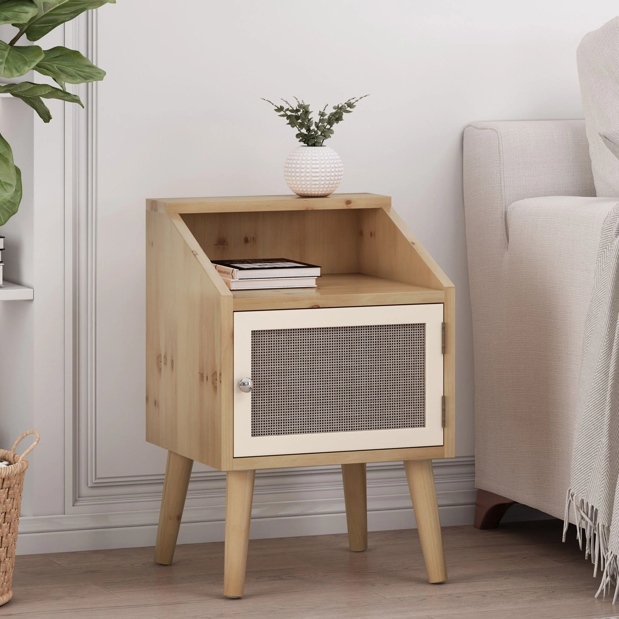 Contemporary End Table With Rattan Accents And Tempered Glass - Natural / White - Image 4