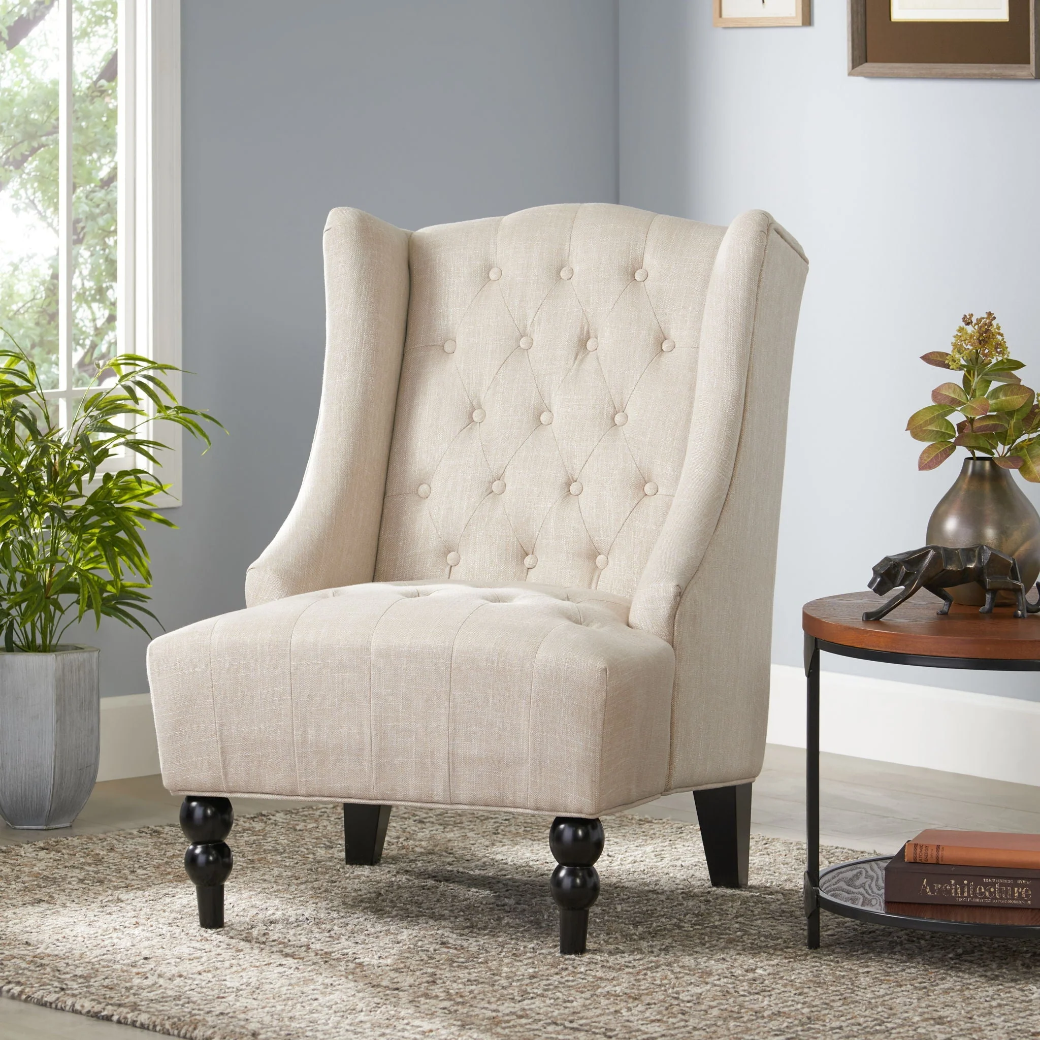 Contemporary Hi Back Club Chair with Wingback Design - Light Beige - Image 4