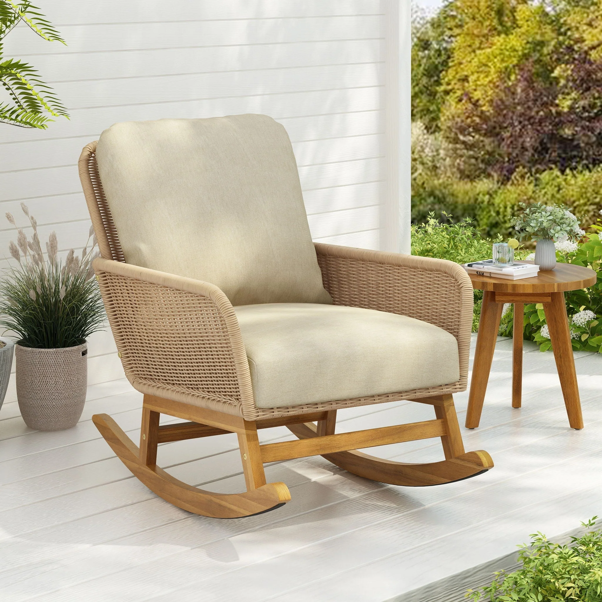 Contemporary Minimalist Wicker Rocking Chair With Soft Cushions - Image 4