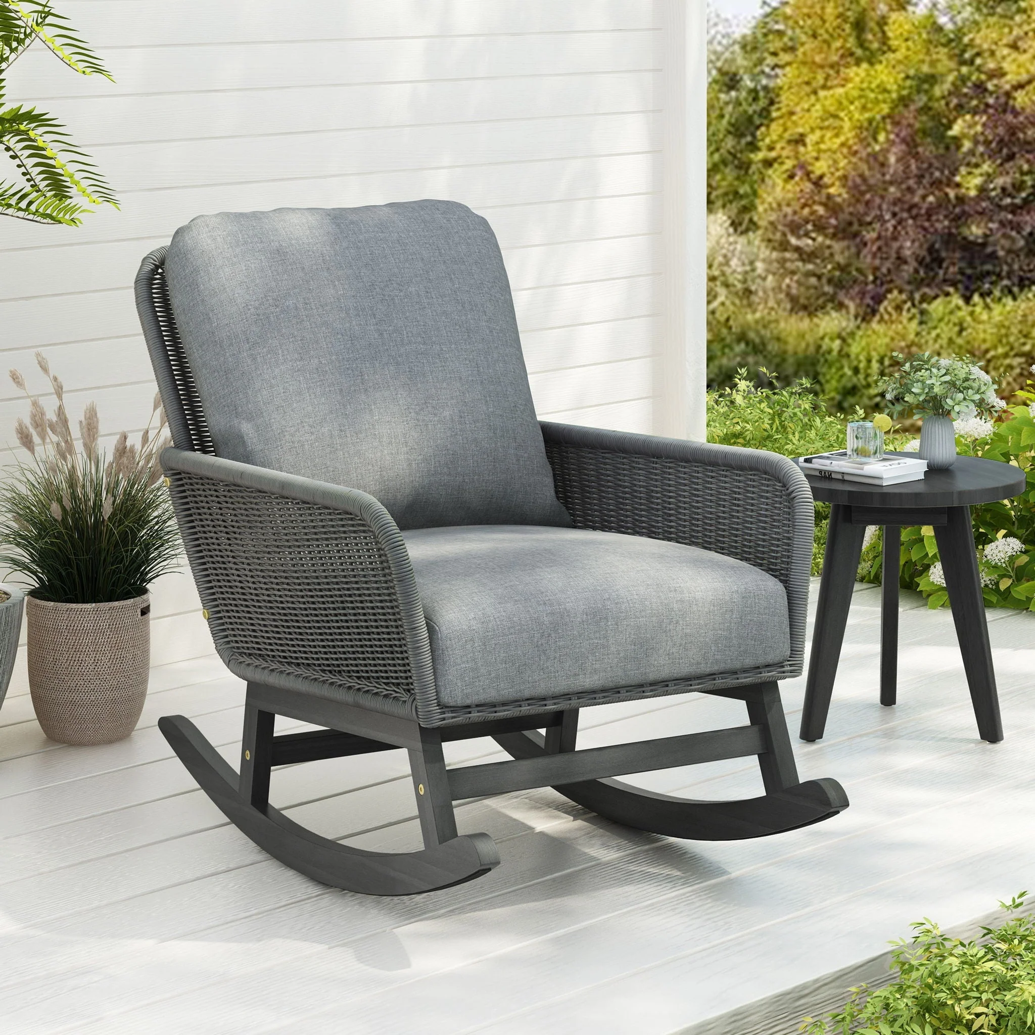 Contemporary Minimalist Wicker Rocking Chair With Soft Cushions - Image 7
