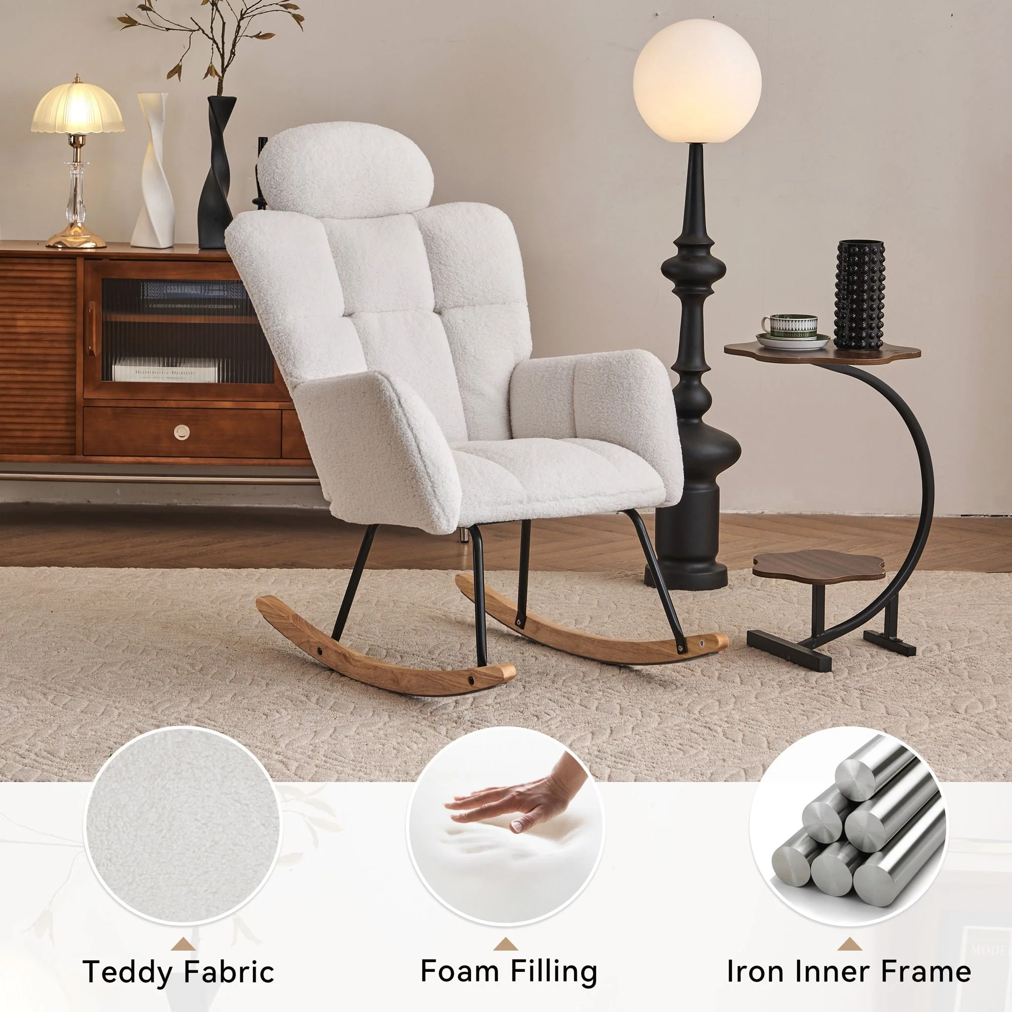 Contemporary Teddy Fabric Upholstered Nursery Rocking Glider Chair With High Backrest And Pillow - Image 2