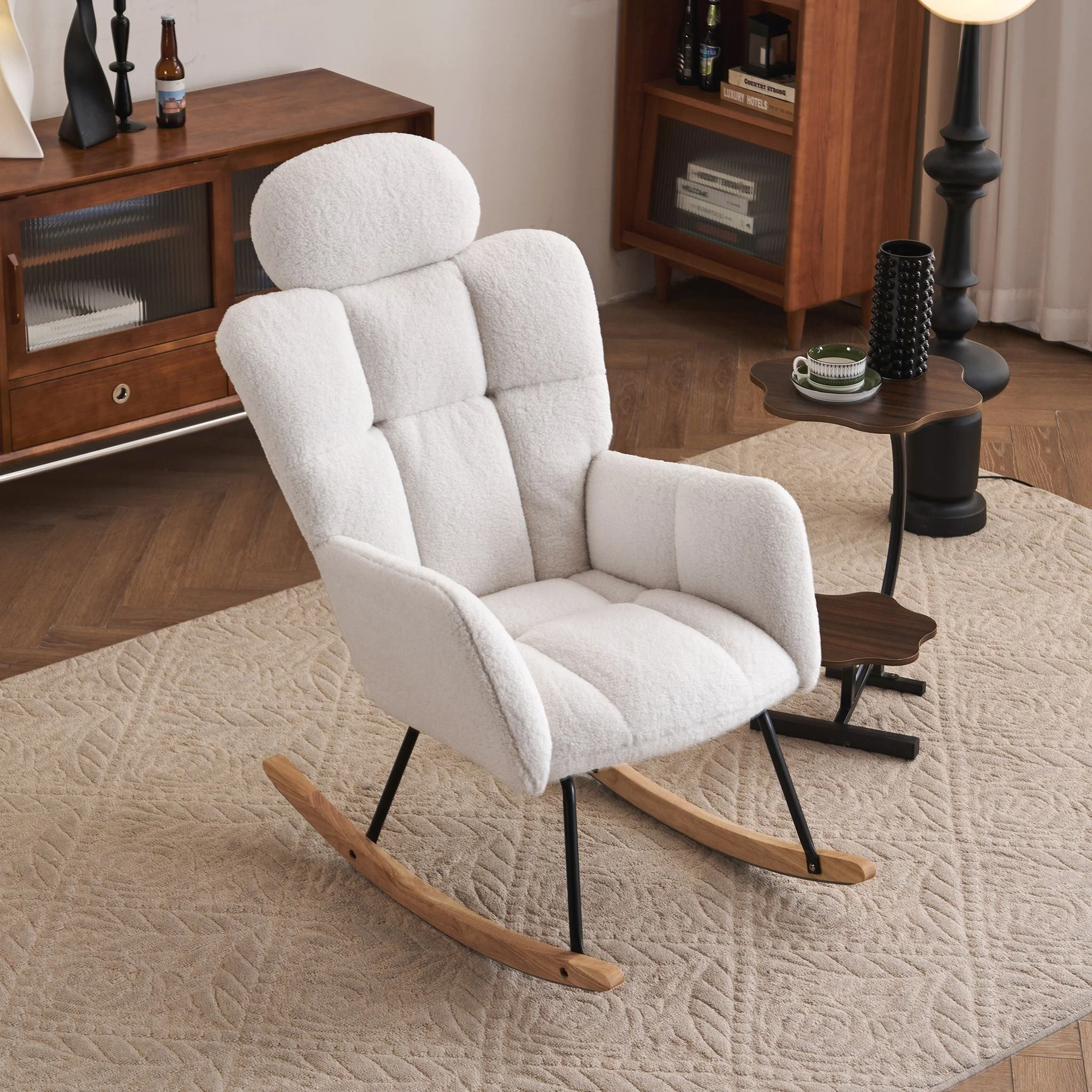 Contemporary Teddy Fabric Upholstered Nursery Rocking Glider Chair With High Backrest And Pillow - Image 4