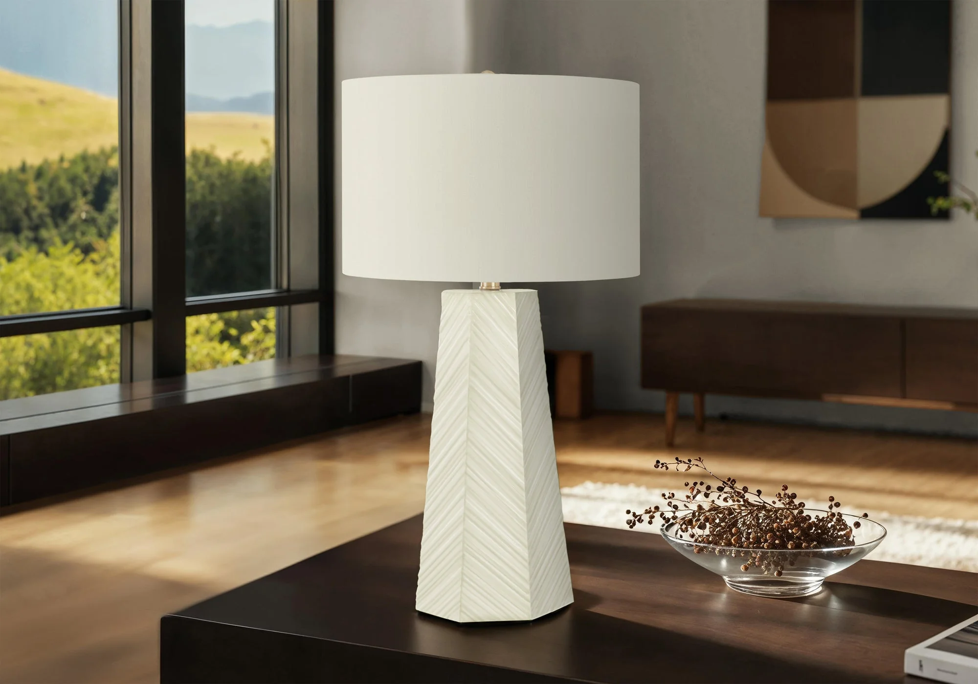 Contemporary White Ceramic Table Lamp with Ivory Shade - Image 2