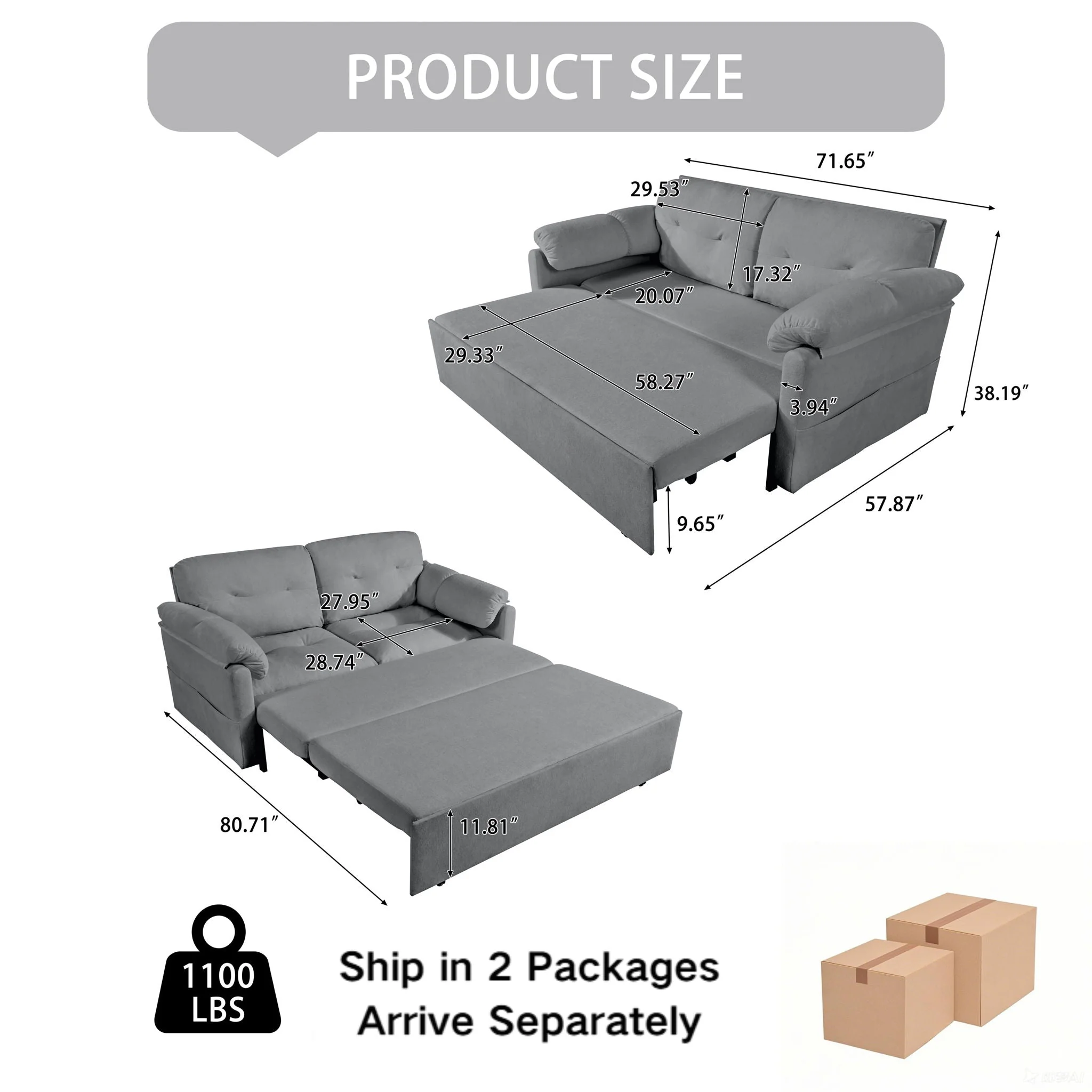 Convertible Pull Out Sofa Bed Queen Size, 3 In 1 With Side Storage - Image 5